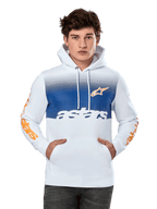 Alpinestars Specter Hoodie, biała z niebieskim panelem gradientowym na piersi, pomarańczowe logo gwiazdy i napisy na rękawach, biały napis „astars”, przednia kieszeń kangurka, kaptur ze sznurkiem, codzienna odzież motorsportowa w stylu streetwear