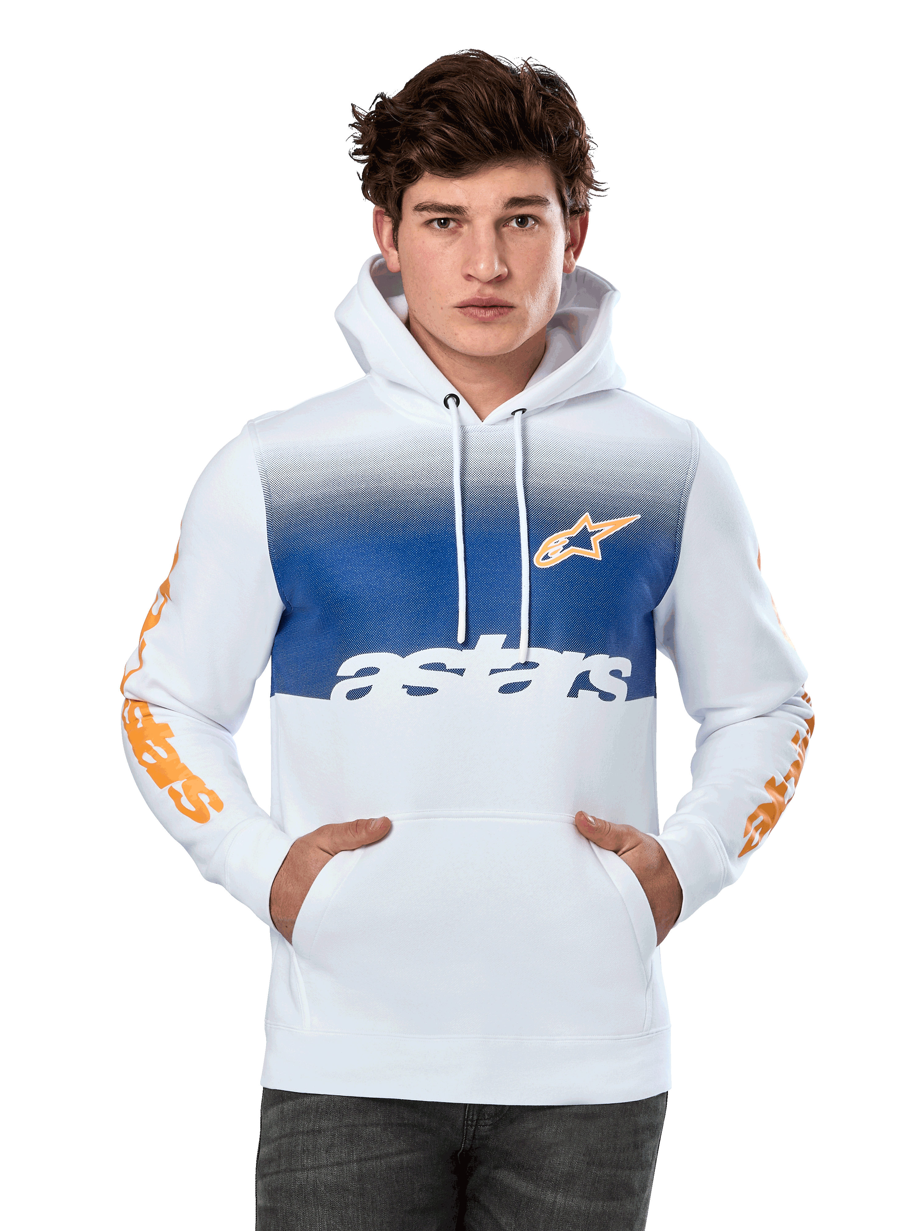 Alpinestars Specter Hoodie, biała z niebieskim panelem gradientowym na piersi, pomarańczowe logo gwiazdy i napisy na rękawach, biały napis „astars”, przednia kieszeń kangurka, kaptur ze sznurkiem, codzienna odzież motorsportowa w stylu streetwear