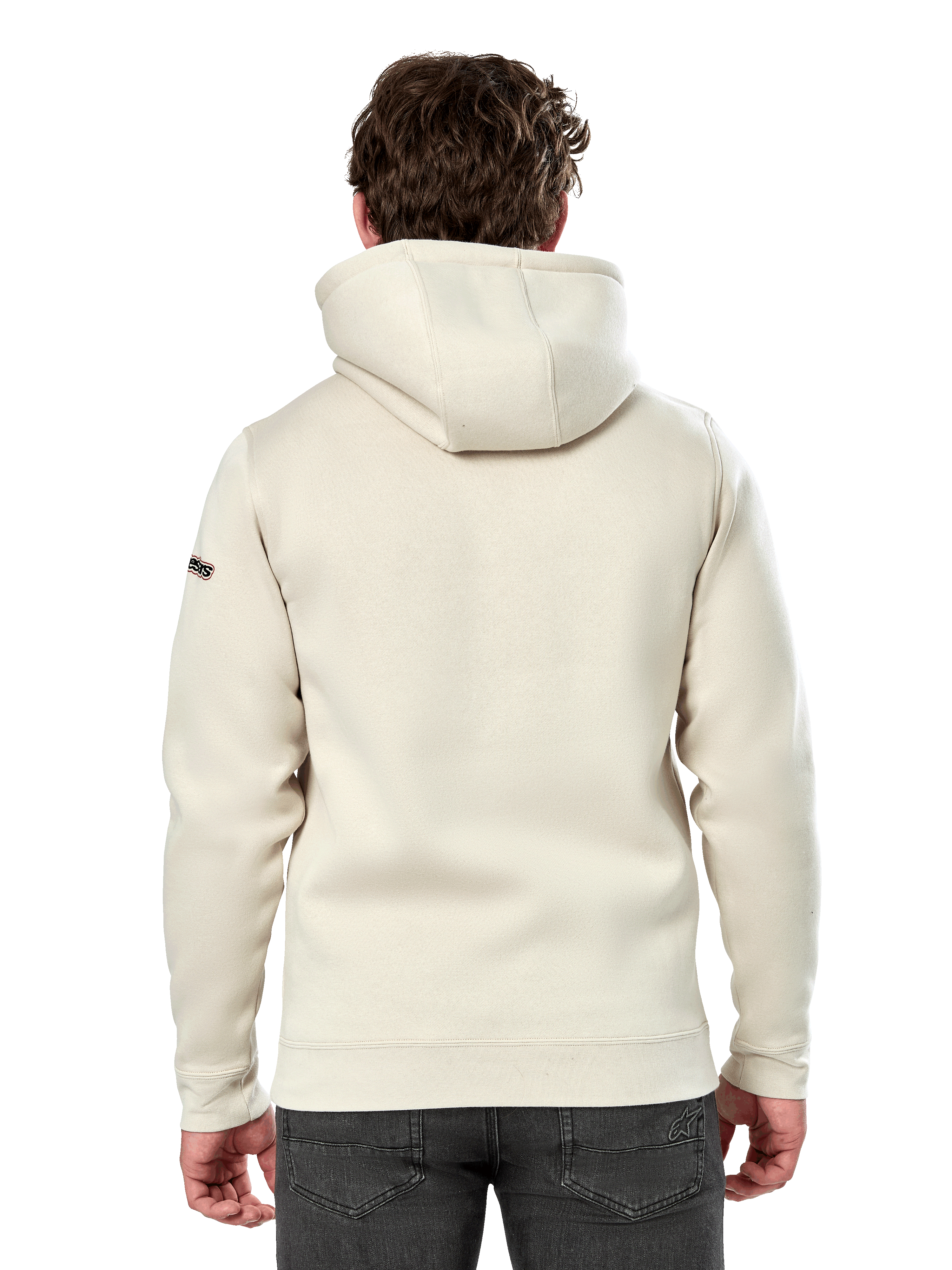 Alpinestars Insignia Hoodie, widok z tyłu mężczyzny w codziennej polarowej bluzie, kolor Off White, z kapturem z podszewką z tego samego materiału i prążkowanymi ściągaczami, streetwear inspirowany sportami motorowymi