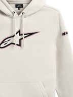 Alpinestars Insignia Hoodie, polarowa bluza z kapturem, złamana biel, duże logo Astars na piersi z czerwoną obwódką, branding na rękawie, kieszeń kangurka, design inspirowany sportami motorowymi