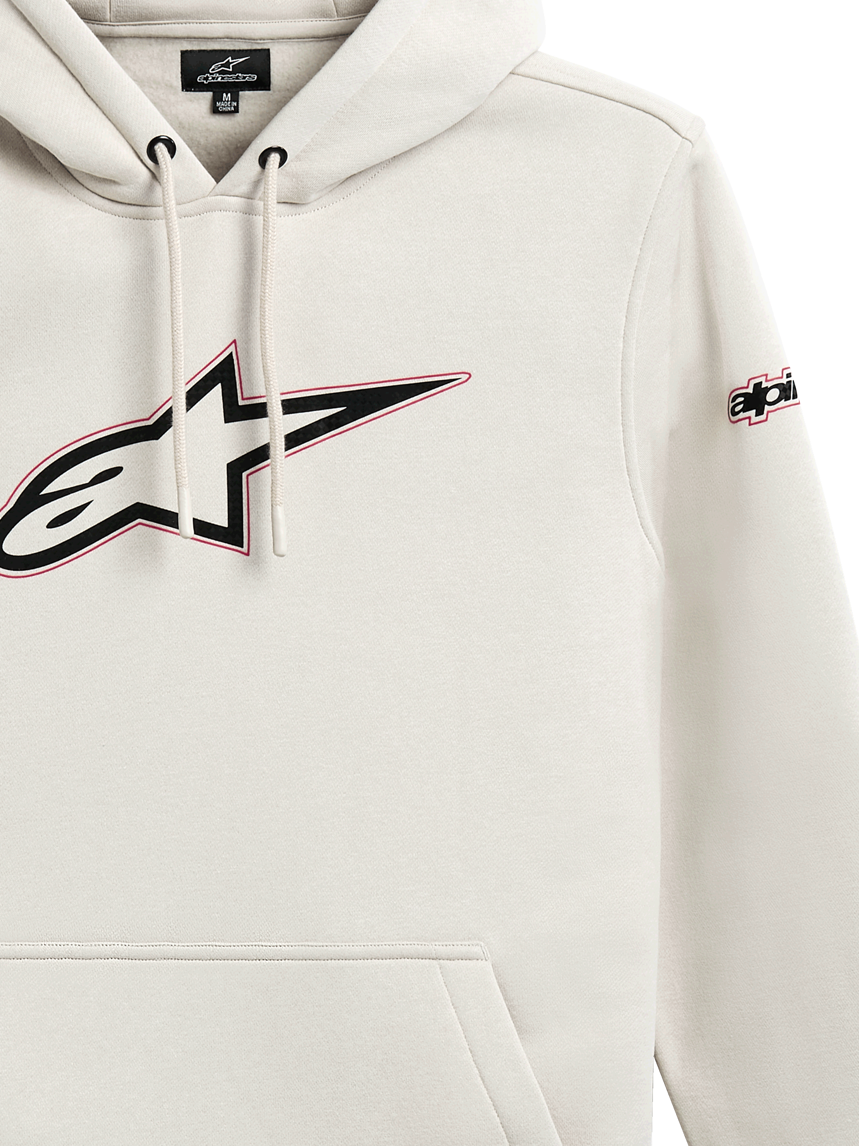 Alpinestars Insignia Hoodie, polarowa bluza z kapturem, złamana biel, duże logo Astars na piersi z czerwoną obwódką, branding na rękawie, kieszeń kangurka, design inspirowany sportami motorowymi