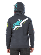 Bluza z kapturem Alpinestars Variegate, widok z tyłu, kolor Gunmetal Gray, duże morskie i białe logo Astars na plecach z napisem „New Innovation”, morska grafika „Astars” na kapturze, kolorowe logotypy na rękawach, codzienna odzież streetwearowa w stylu motorsportowym