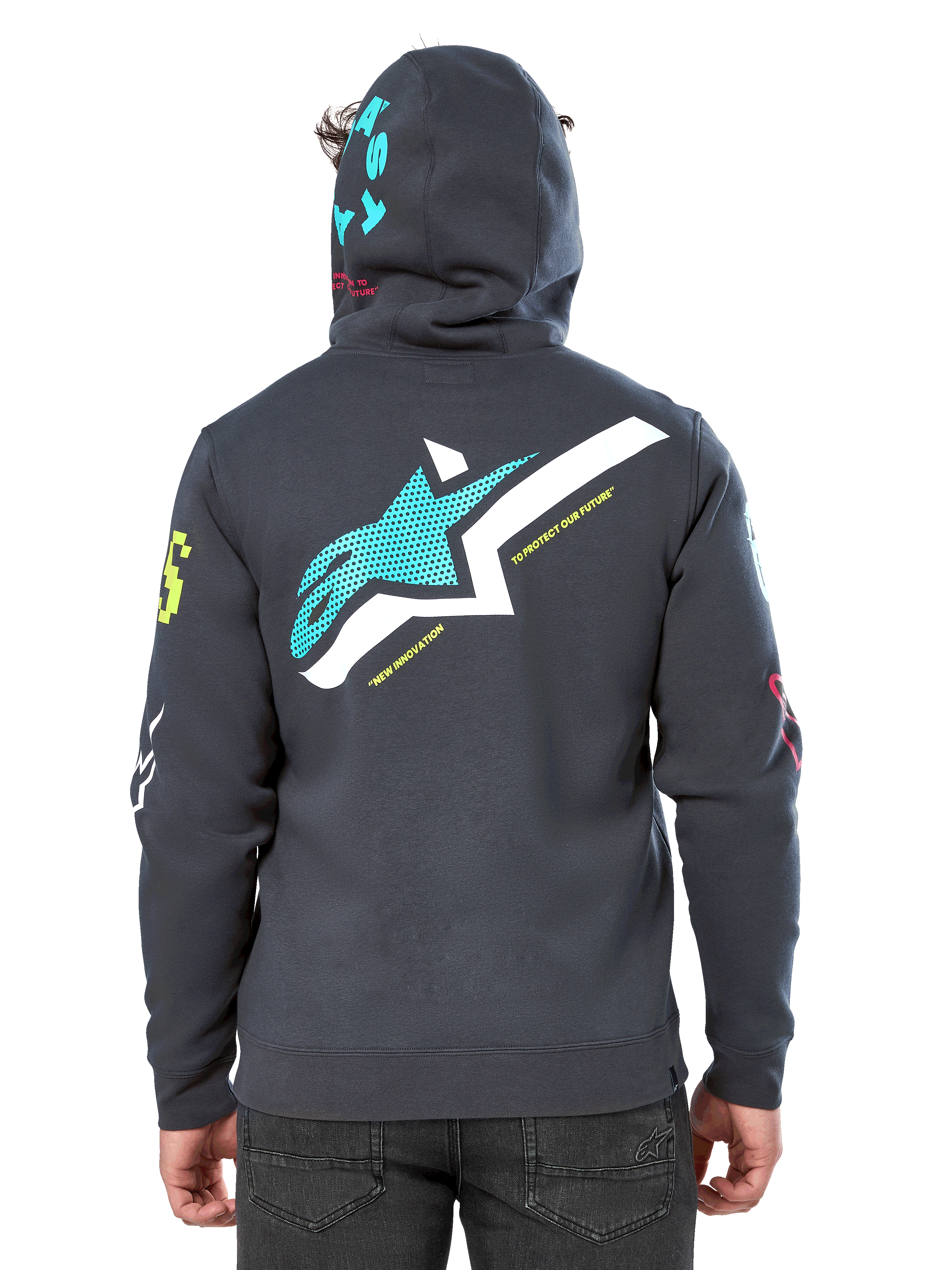 Bluza z kapturem Alpinestars Variegate, widok z tyłu, kolor Gunmetal Gray, duże morskie i białe logo Astars na plecach z napisem „New Innovation”, morska grafika „Astars” na kapturze, kolorowe logotypy na rękawach, codzienna odzież streetwearowa w stylu motorsportowym