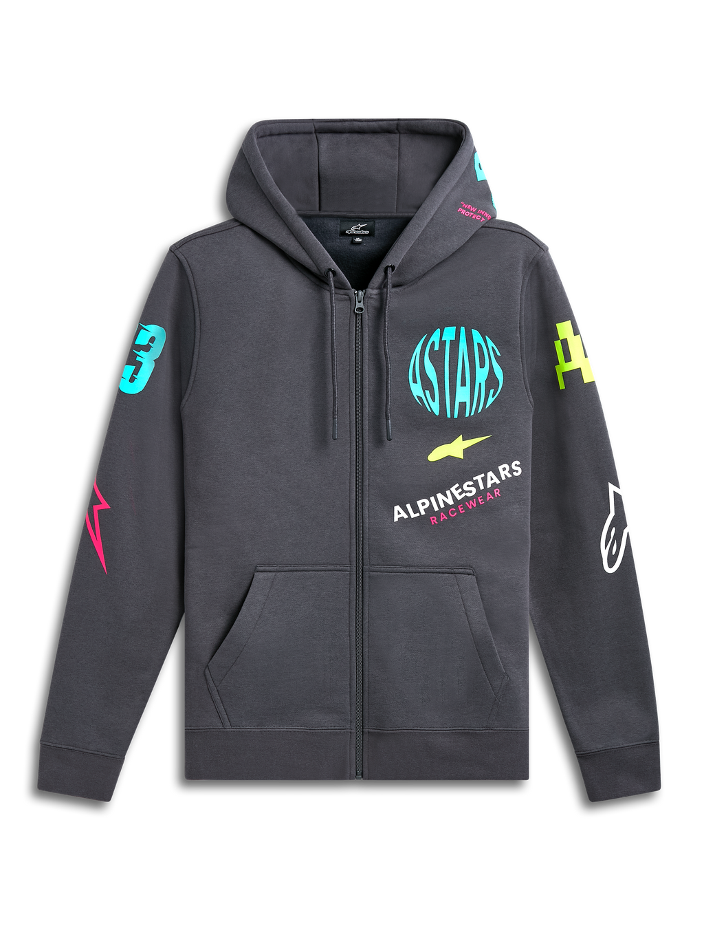Alpinestars Variegate Hoodie, rozpinana polarowa bluza z kapturem, kolor Gunmetal Gray, jaskrawe neonowe logotypy na klatce piersiowej i rękawach, kieszeń kangurka, kaptur ze sznurkiem, codzienna odzież streetwearowa inspirowana motorsportem