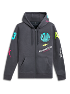 Alpinestars Variegate Hoodie, rozpinana polarowa bluza z kapturem, kolor Gunmetal Gray, jaskrawe neonowe logotypy na klatce piersiowej i rękawach, kieszeń kangurka, kaptur ze sznurkiem, codzienna odzież streetwearowa inspirowana motorsportem