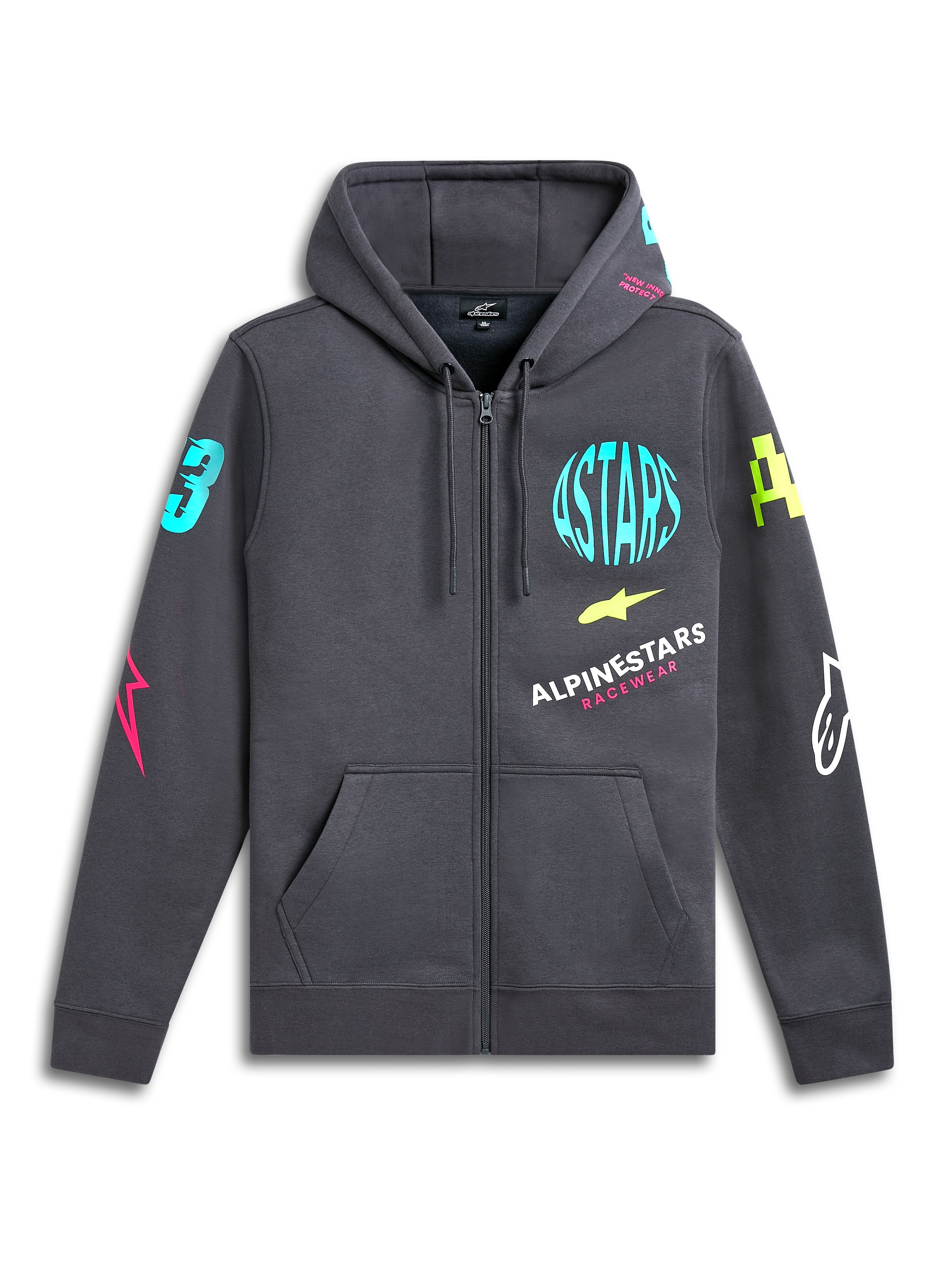 Alpinestars Variegate Hoodie, rozpinana polarowa bluza z kapturem, kolor Gunmetal Gray, jaskrawe neonowe logotypy na klatce piersiowej i rękawach, kieszeń kangurka, kaptur ze sznurkiem, codzienna odzież streetwearowa inspirowana motorsportem