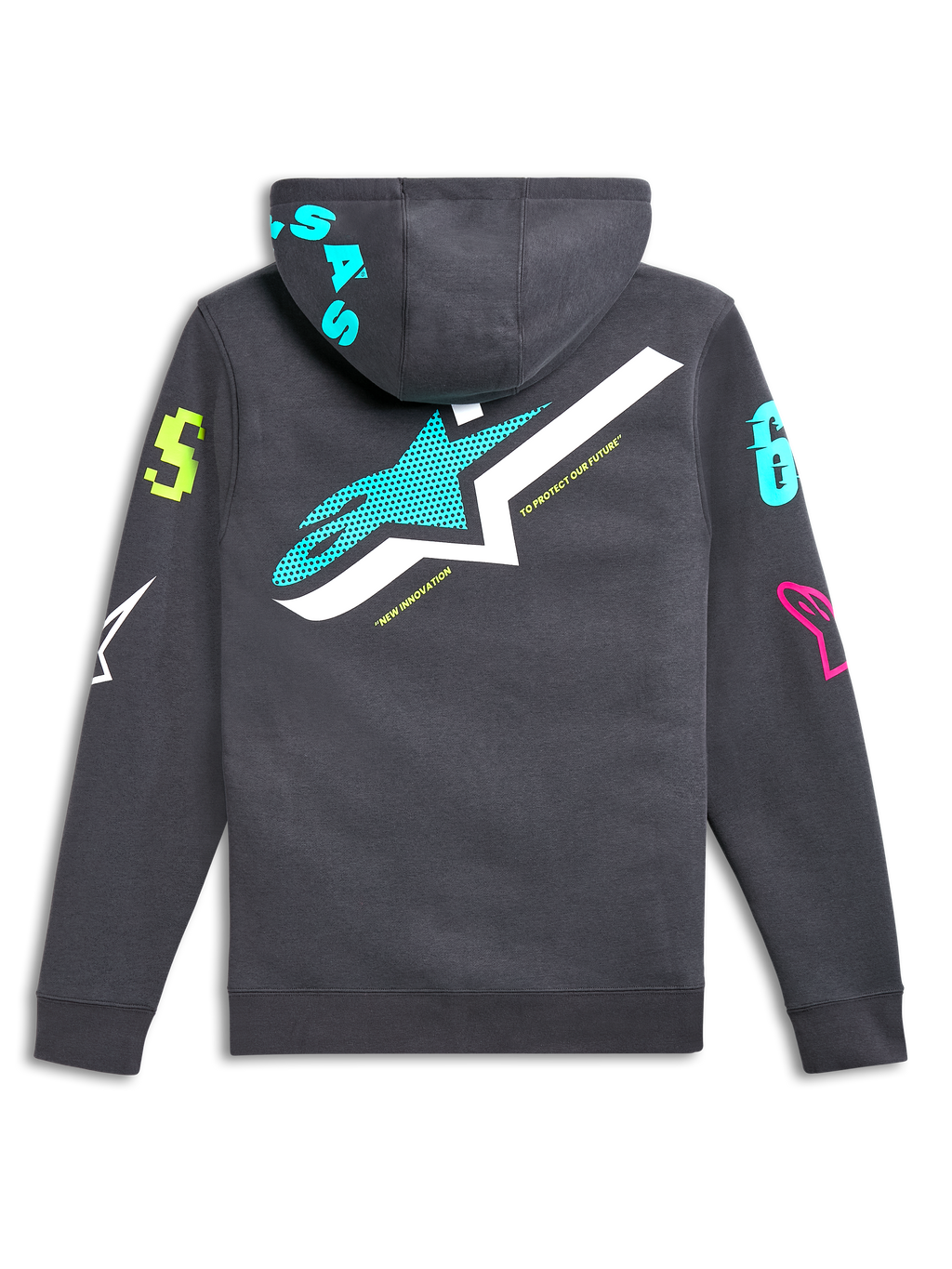 Alpinestars Variegate Hoodie, widok z tyłu, szary gunmetal z dużym logo z gwiazdą w kolorze morskim i białym, żywe wielokolorowe grafiki na rękawach i kapturze, codzienna odzież typu streetwear inspirowana motorsportem
