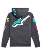 Alpinestars Variegate Hoodie, widok z tyłu, szary gunmetal z dużym logo z gwiazdą w kolorze morskim i białym, żywe wielokolorowe grafiki na rękawach i kapturze, codzienna odzież typu streetwear inspirowana motorsportem