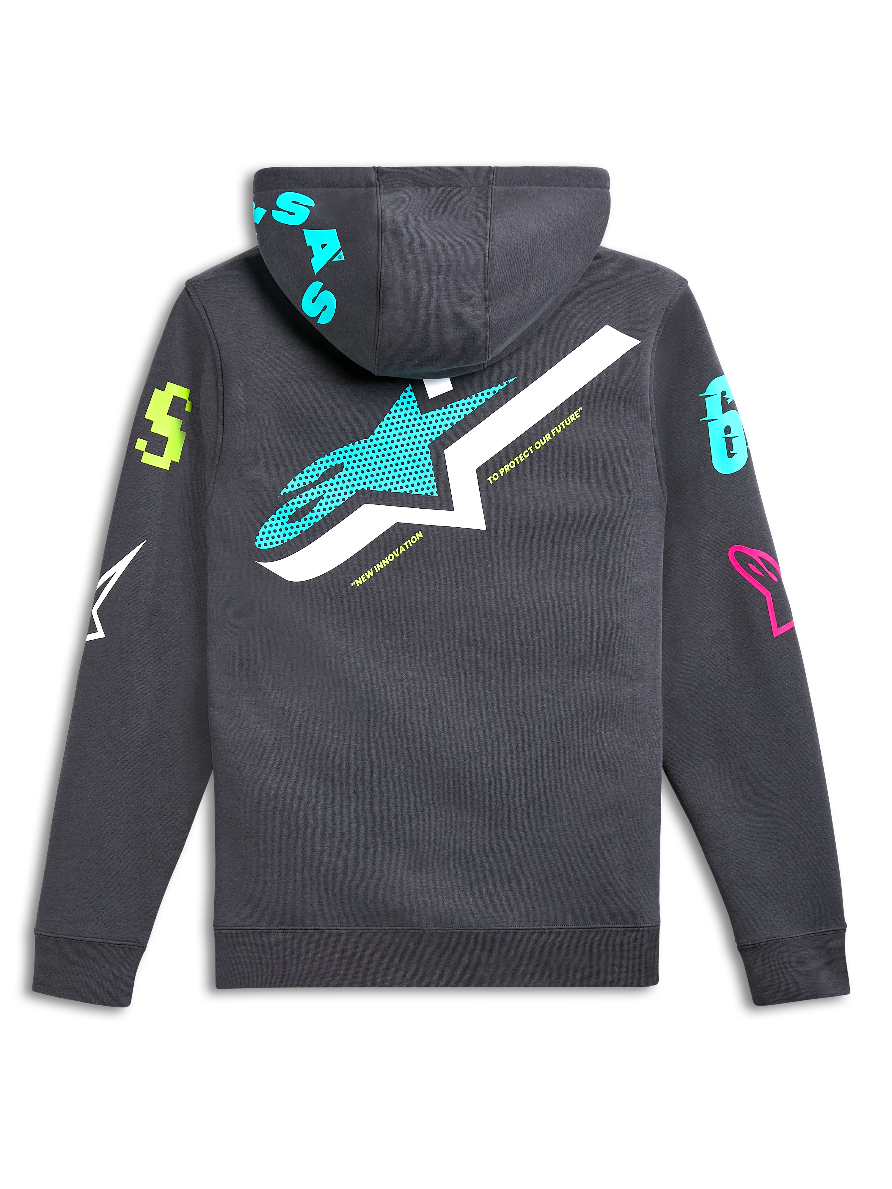 Alpinestars Variegate Hoodie, widok z tyłu, szary gunmetal z dużym logo z gwiazdą w kolorze morskim i białym, żywe wielokolorowe grafiki na rękawach i kapturze, codzienna odzież typu streetwear inspirowana motorsportem