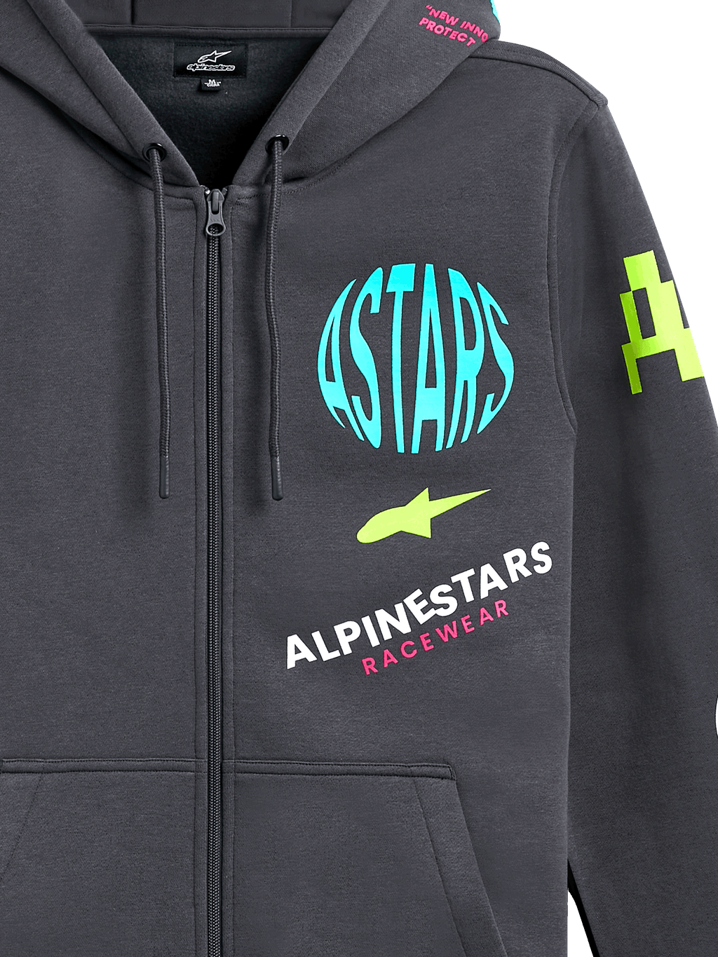 Alpinestars Variegate Hoodie, polarowa bluza z kapturem zapinana na zamek, grafitowa z wielokolorową grafiką logo, jasnoniebieskie koło ASTARS, limonkowe akcenty i różowe napisy, casualowa odzież streetwear w stylu motorsport
