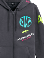 Alpinestars Variegate Hoodie, polarowa bluza z kapturem zapinana na zamek, grafitowa z wielokolorową grafiką logo, jasnoniebieskie koło ASTARS, limonkowe akcenty i różowe napisy, casualowa odzież streetwear w stylu motorsport