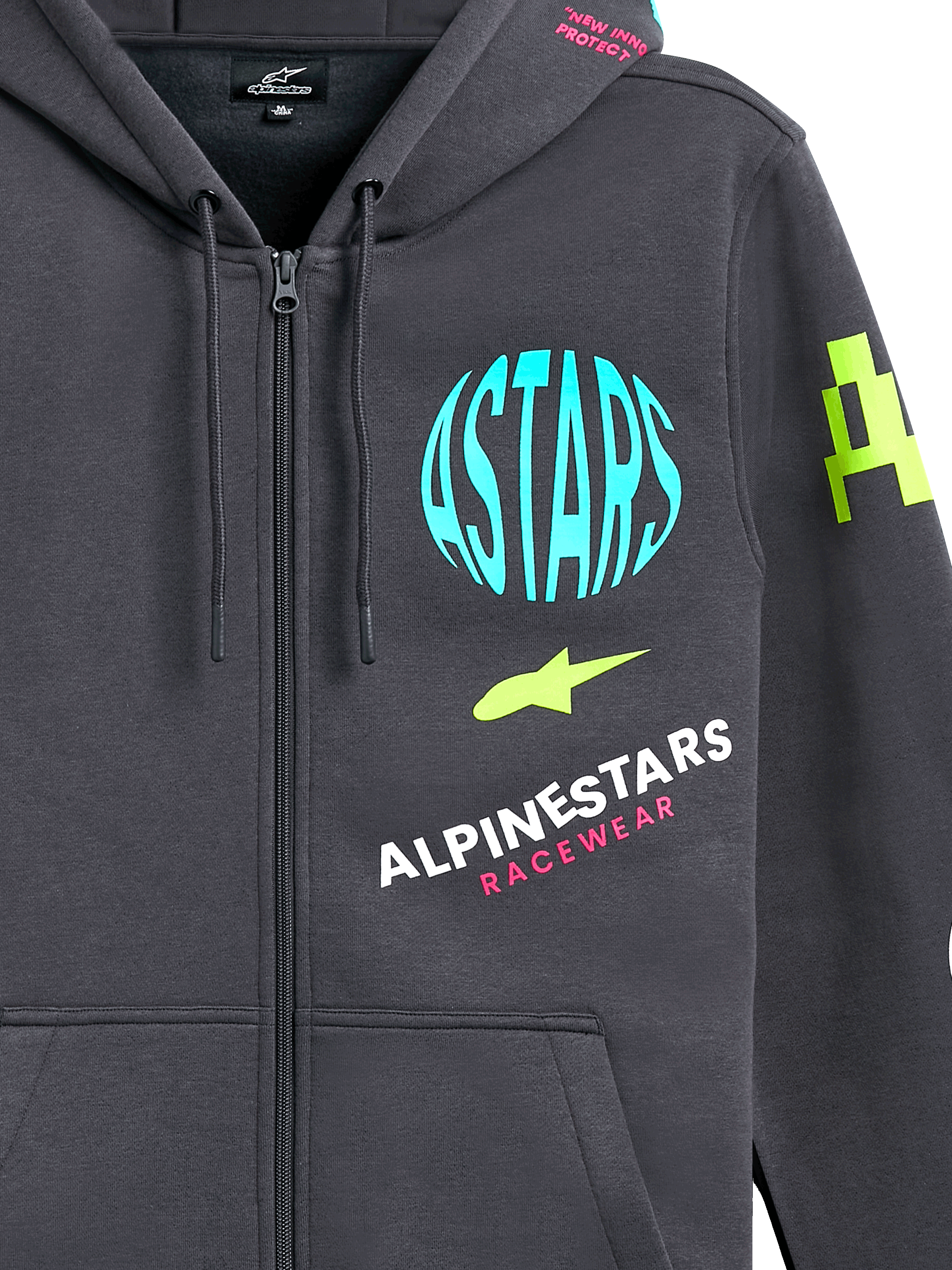 Alpinestars Variegate Hoodie, polarowa bluza z kapturem zapinana na zamek, grafitowa z wielokolorową grafiką logo, jasnoniebieskie koło ASTARS, limonkowe akcenty i różowe napisy, casualowa odzież streetwear w stylu motorsport