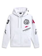 Alpinestars Variegate Hoodie, biała rozpinana bluza polarowa z kapturem, czarny okrągły napis ASTARS i czerwone logo gwiazdy na piersi, grafiki na rękawach, kieszenie typu kangurka i sznurek przy kapturze, casualowa odzież streetwearowa