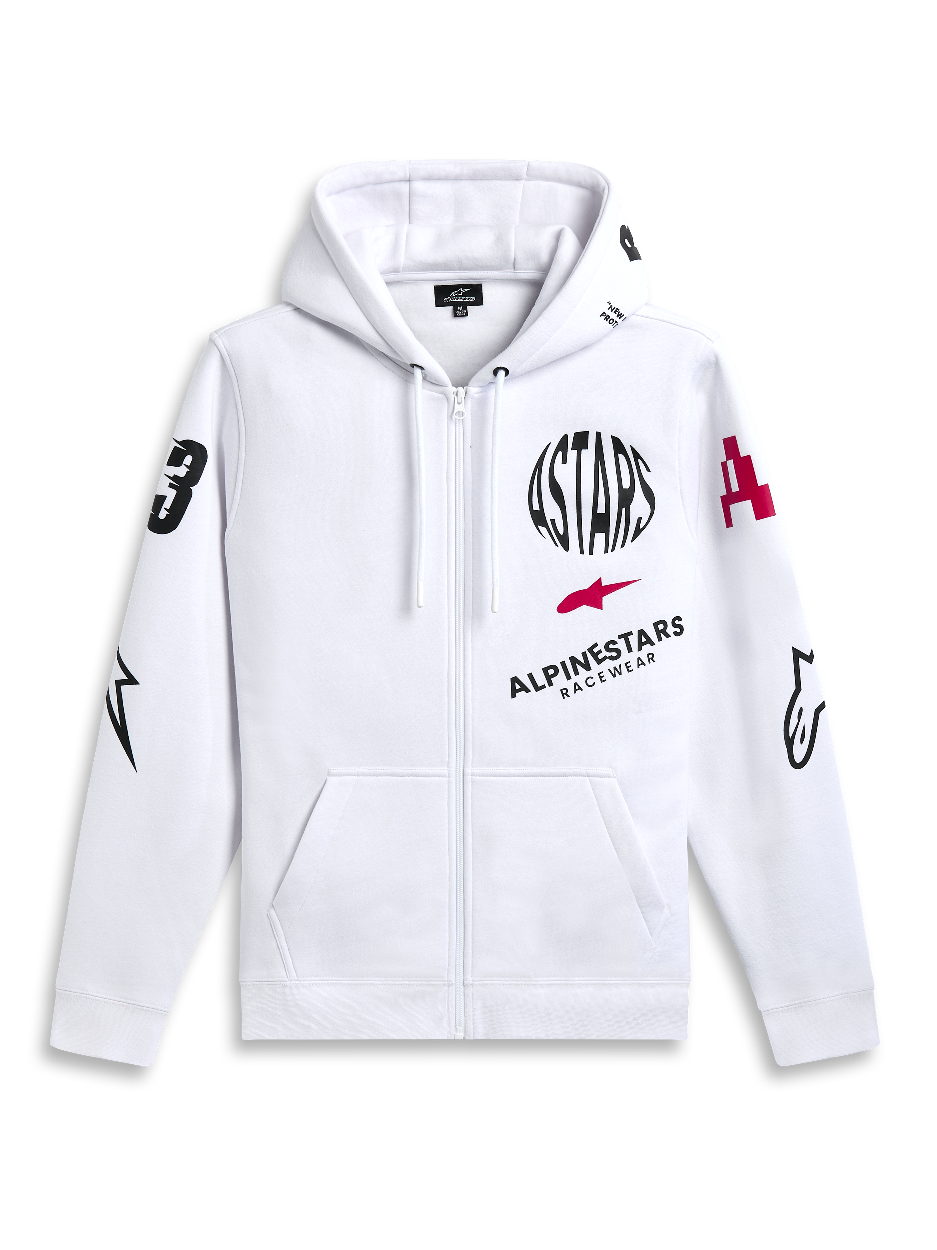 Alpinestars Variegate Hoodie, biała rozpinana bluza polarowa z kapturem, czarny okrągły napis ASTARS i czerwone logo gwiazdy na piersi, grafiki na rękawach, kieszenie typu kangurka i sznurek przy kapturze, casualowa odzież streetwearowa