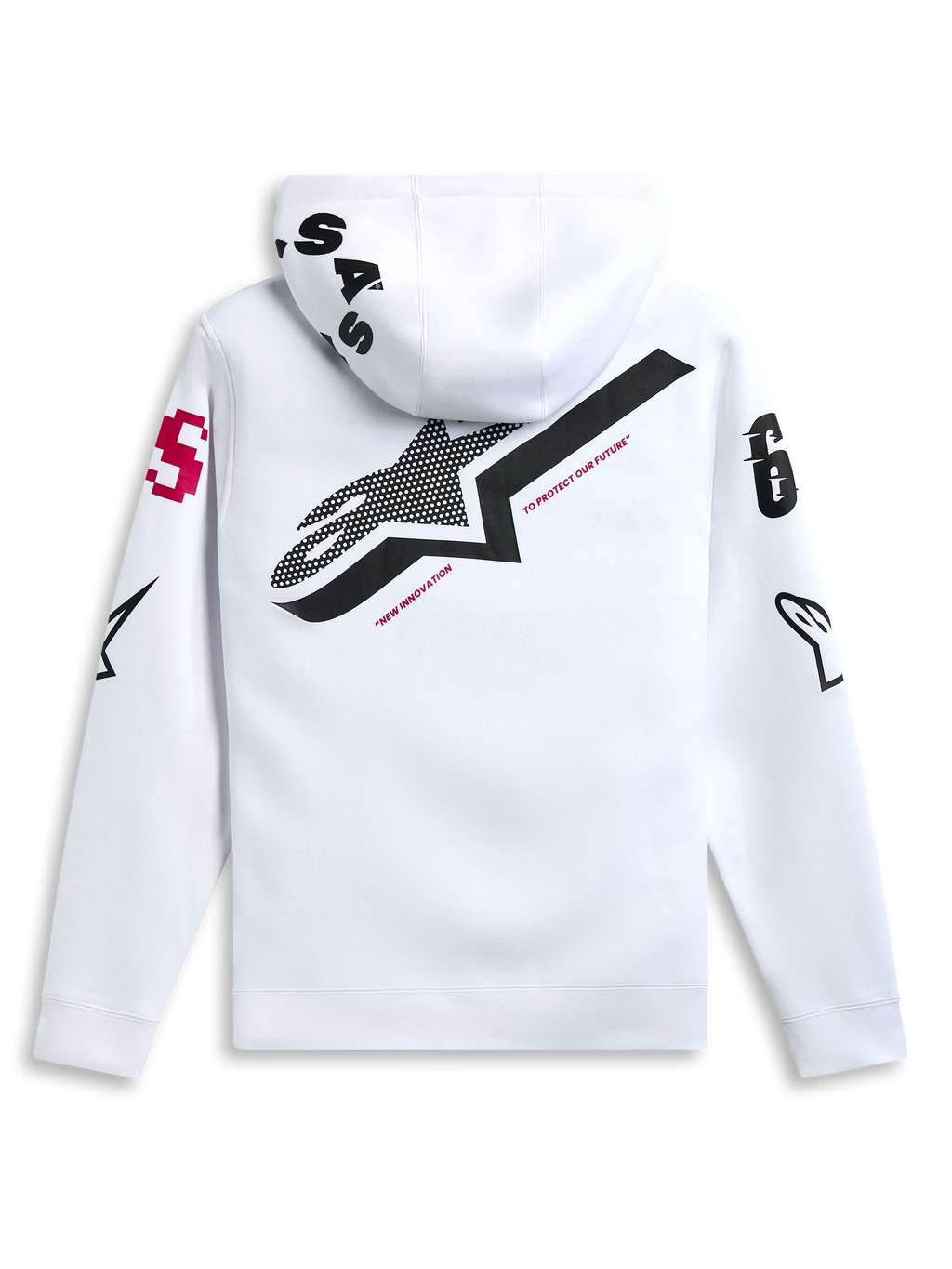Bluza z kapturem Alpinestars Variegate, biała, widok z tyłu z dużym czarnym logo gwiazdy i czerwonym napisem „New Innovation”, grafiki z wieloma logotypami na rękawach i kapturze, casualowy streetwear inspirowany sportami motorowymi