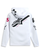 Bluza z kapturem Alpinestars Variegate, biała, widok z tyłu z dużym czarnym logo gwiazdy i czerwonym napisem „New Innovation”, grafiki z wieloma logotypami na rękawach i kapturze, casualowy streetwear inspirowany sportami motorowymi