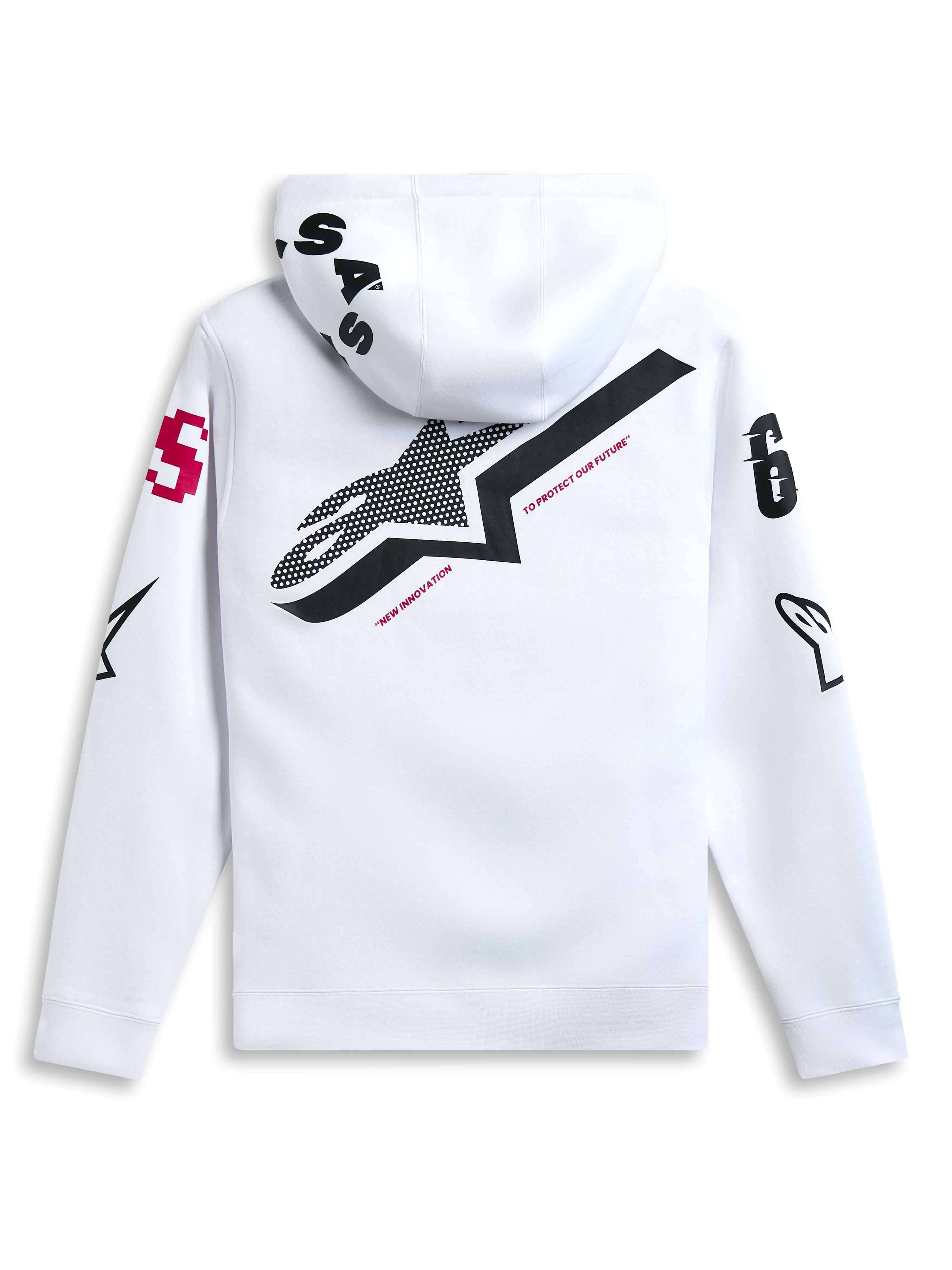 Bluza z kapturem Alpinestars Variegate, biała, widok z tyłu z dużym czarnym logo gwiazdy i czerwonym napisem „New Innovation”, grafiki z wieloma logotypami na rękawach i kapturze, casualowy streetwear inspirowany sportami motorowymi