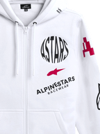 Bluza z kapturem Alpinestars Variegate, biała polarowa bluza zapinana na zamek z przodu, z okrągłym czarnym logo ASTARS, czerwonym symbolem gwiazdy i brandingiem Alpinestars Racewear na piersi, codzienna odzież uliczna w stylu motorsportowym