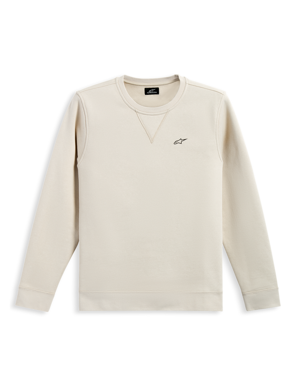 Alpinestars Positive Crew, bluza typu crewneck, kolor Off White, małe czarne logo Alpinestars na piersi, prążkowany kołnierzyk z detalem V, prążkowane mankiety i dół, casualowy streetwear inspirowany motorsportem