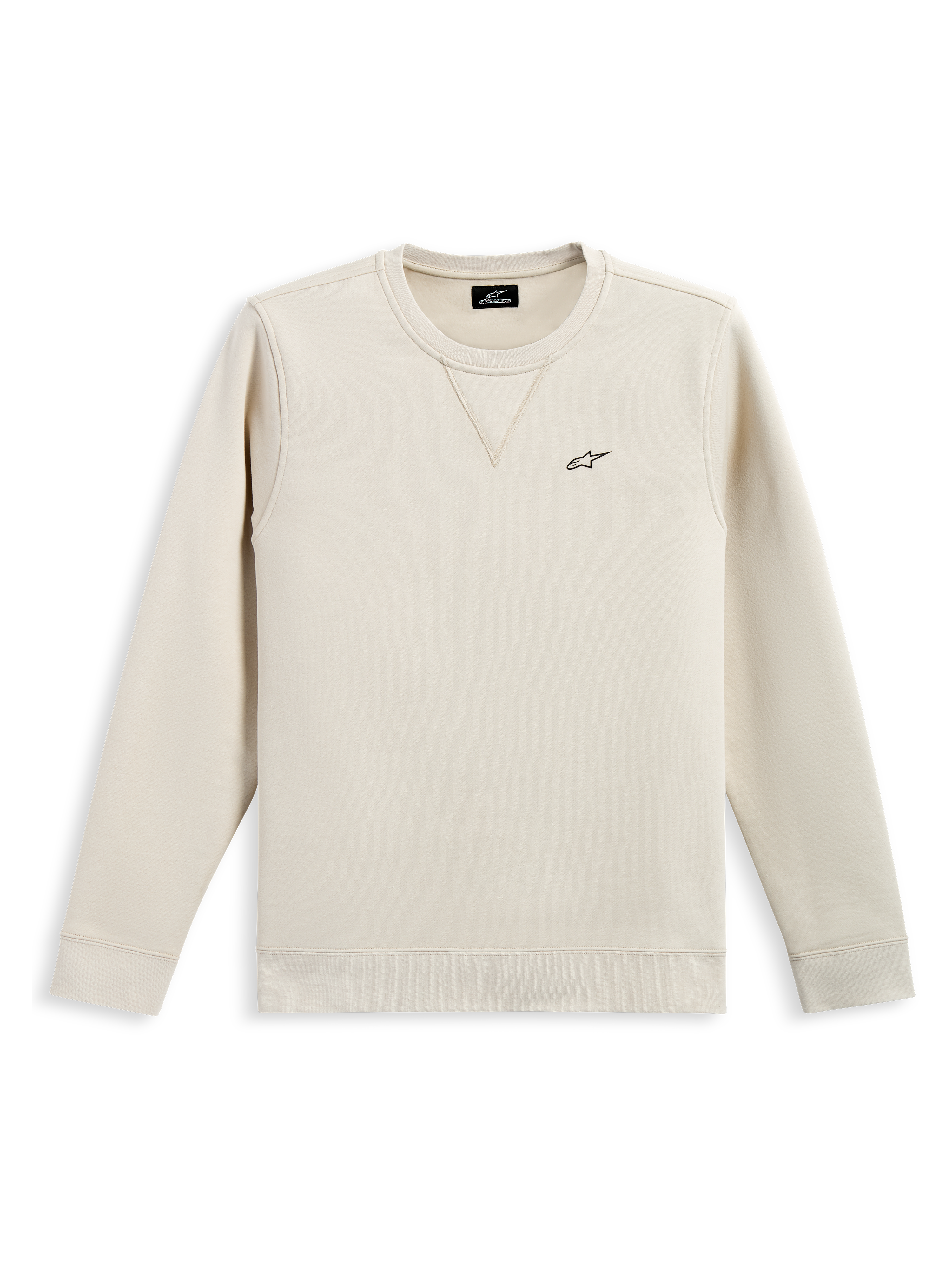 Alpinestars Positive Crew, bluza typu crewneck, kolor Off White, małe czarne logo Alpinestars na piersi, prążkowany kołnierzyk z detalem V, prążkowane mankiety i dół, casualowy streetwear inspirowany motorsportem