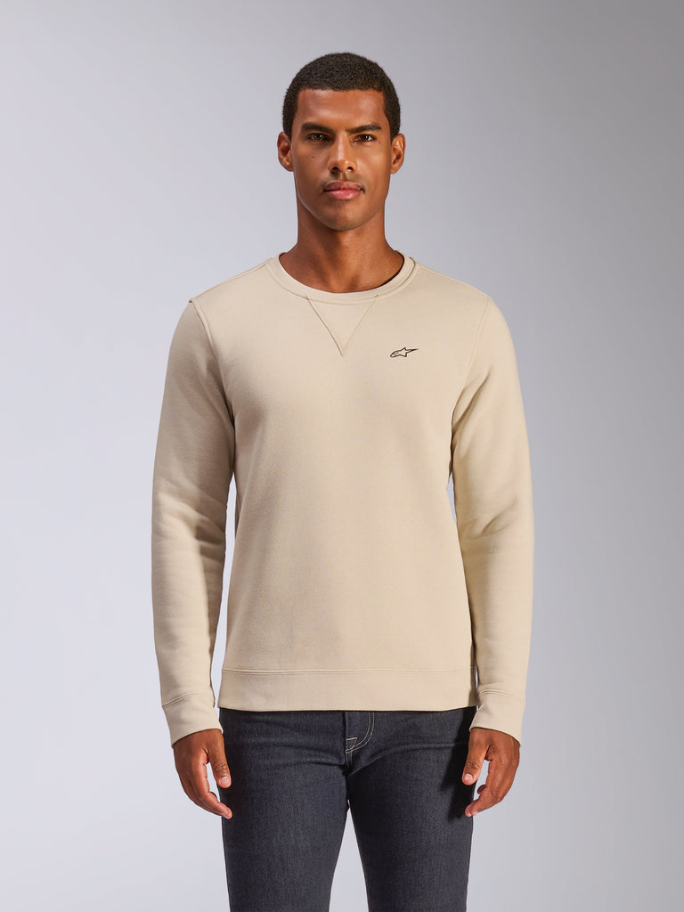 Alpinestars Positive Crew, bluza typu crewneck, kolor złamanej bieli, małe czarne logo z gwiazdą na piersi, detal z przeszyciem V przy kołnierzu, prążkowane ściągacze przy mankietach i na dole, codzienna odzież uliczna inspirowana sportami motorowymi