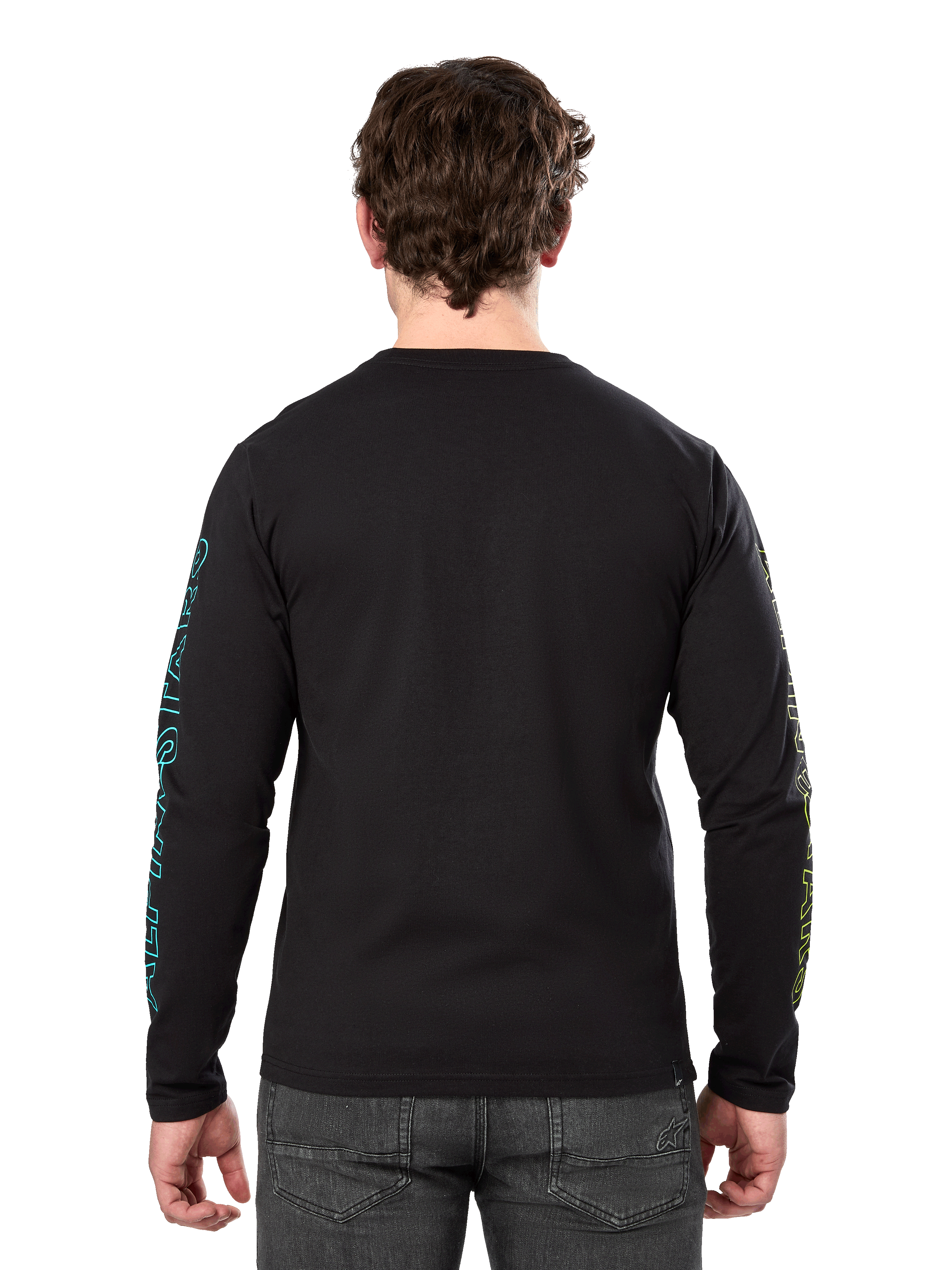 Alpinestars Ayess Csf Tee, Long Sleeve T-Shirt, Black, rear view showing blue and yellow printed graphics on sleeves, casual motorsport streetwear