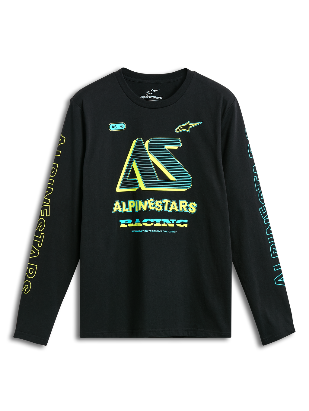 Alpinestars T-Shirt Ayess CSF, czarna koszulka z długim rękawem, grafika z logo i napisem Alpinestars Racing w kolorach żółtym i niebieskim na piersi i rękawach, odzież sportowa