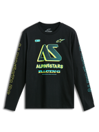 Alpinestars T-Shirt Ayess CSF, czarna koszulka z długim rękawem, grafika z logo i napisem Alpinestars Racing w kolorach żółtym i niebieskim na piersi i rękawach, odzież sportowa