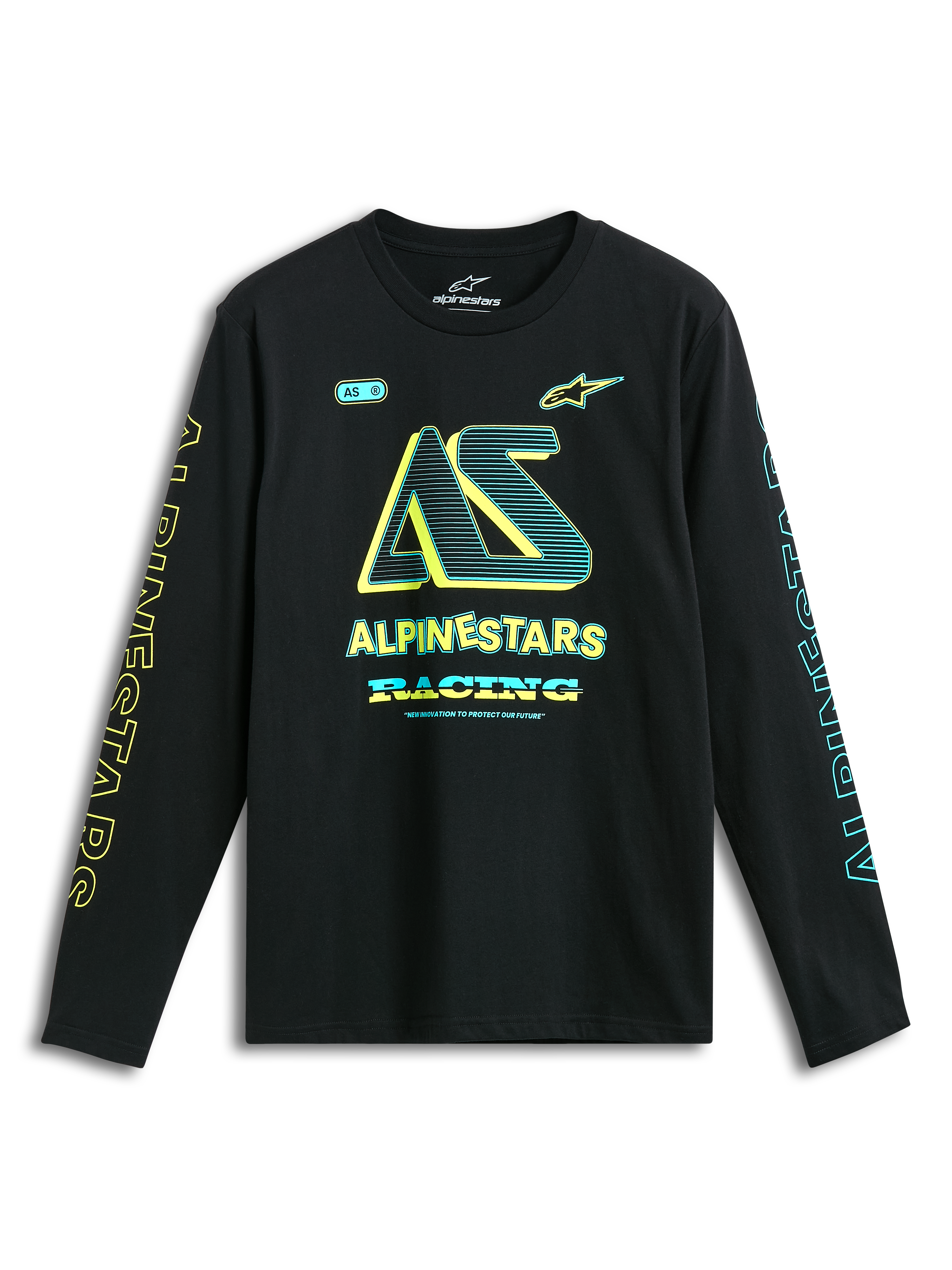 Alpinestars T-Shirt Ayess CSF, czarna koszulka z długim rękawem, grafika z logo i napisem Alpinestars Racing w kolorach żółtym i niebieskim na piersi i rękawach, odzież sportowa