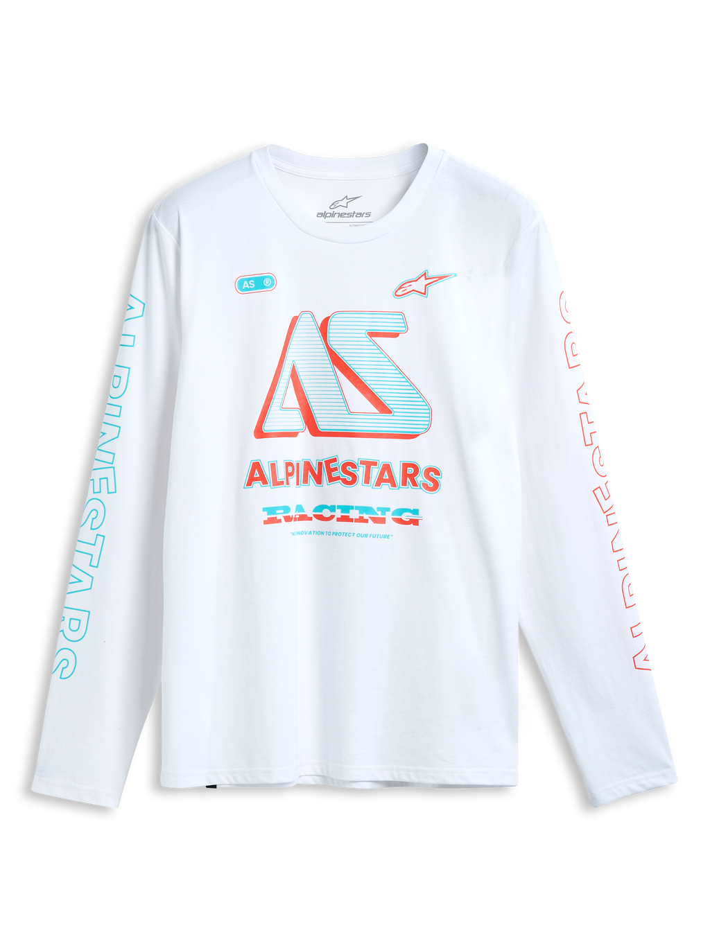 Alpinestars Ayess Csf Tee, biała koszulka z długim rękawem, wielokolorowa grafika wyścigowa na piersi i rękawach, sportowy styl