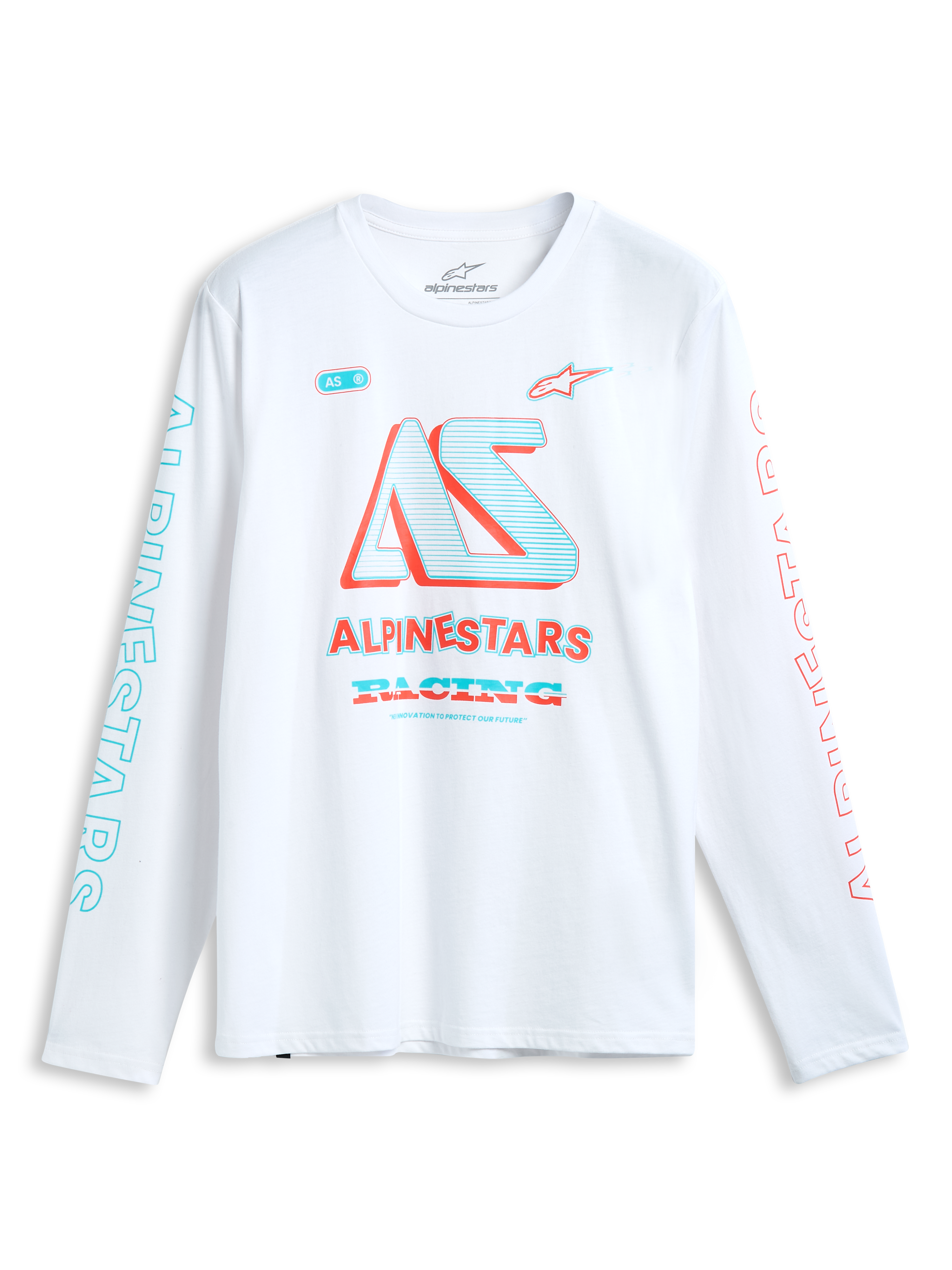 Alpinestars Ayess Csf Tee, biała koszulka z długim rękawem, wielokolorowa grafika wyścigowa na piersi i rękawach, sportowy styl