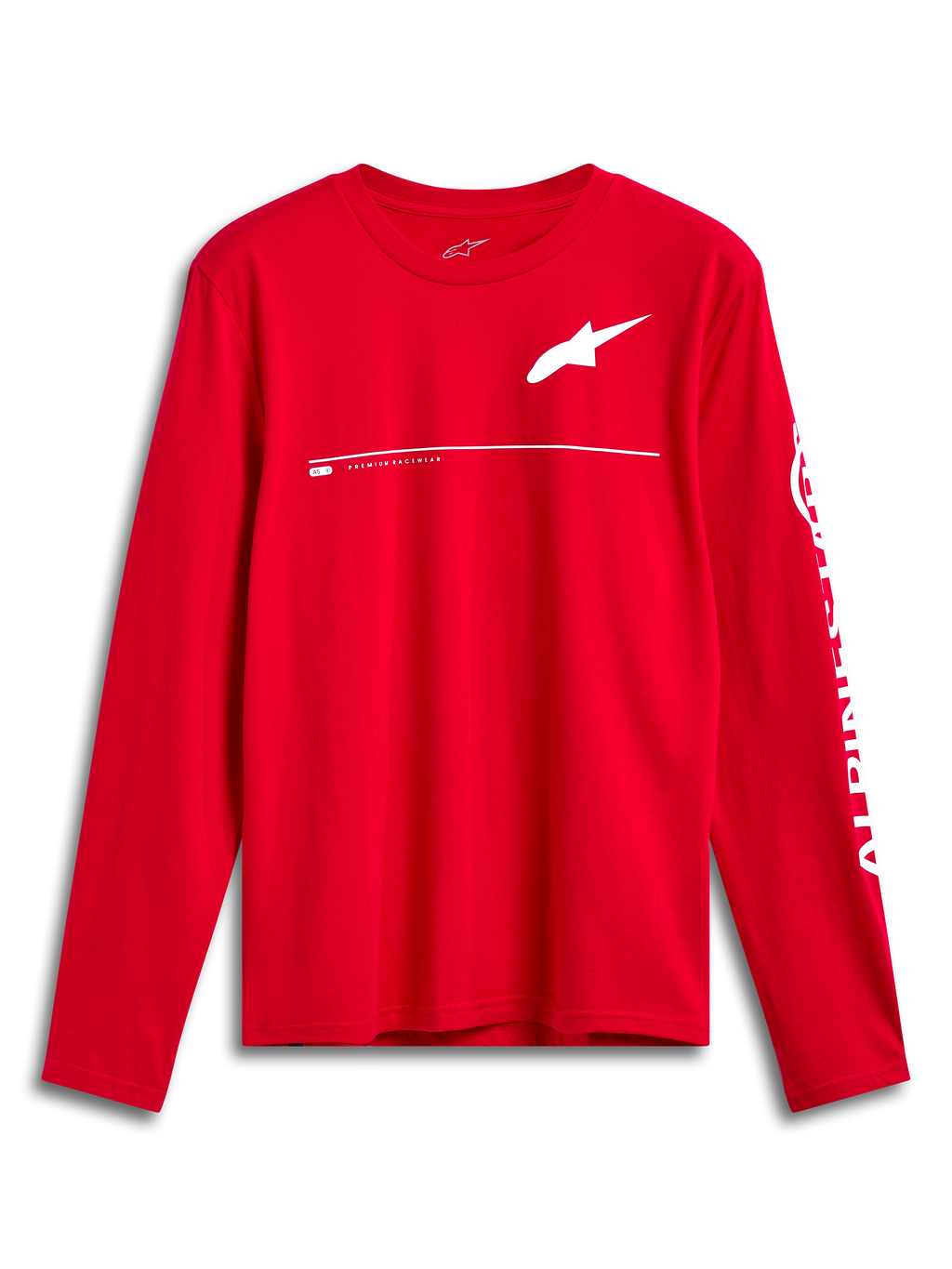 Alpinestars Committed CSF Tee, Long Sleeve T-Shirt, Red, White Astars chest logo and Alpinestars sleeve branding, casual motorsport-inspired design