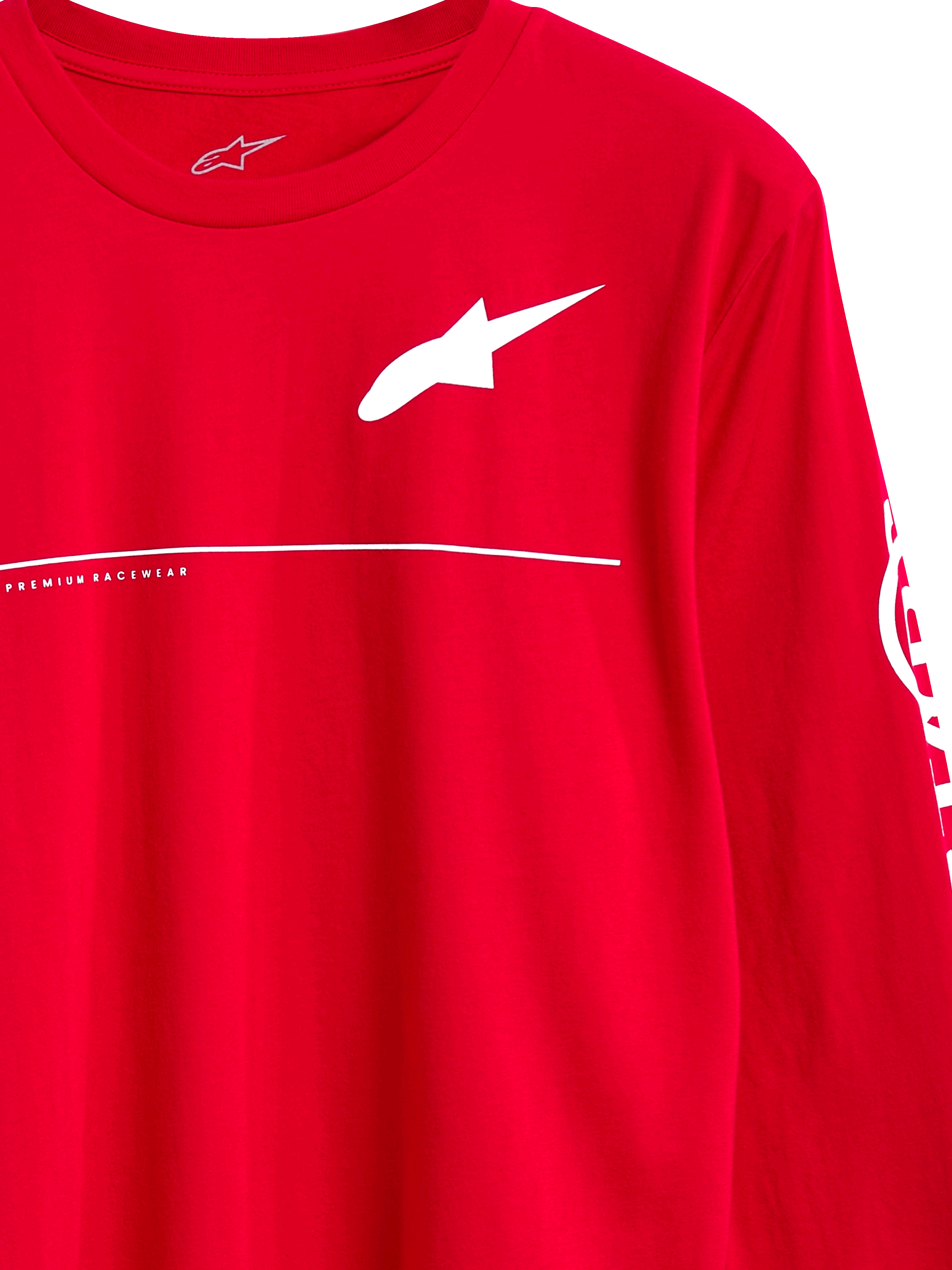 Alpinestars Committed CSF Tee, Long Sleeve T-Shirt, Red, White Astars Logo with Premium Racewear text and horizontal line, casual motorsport streetwear