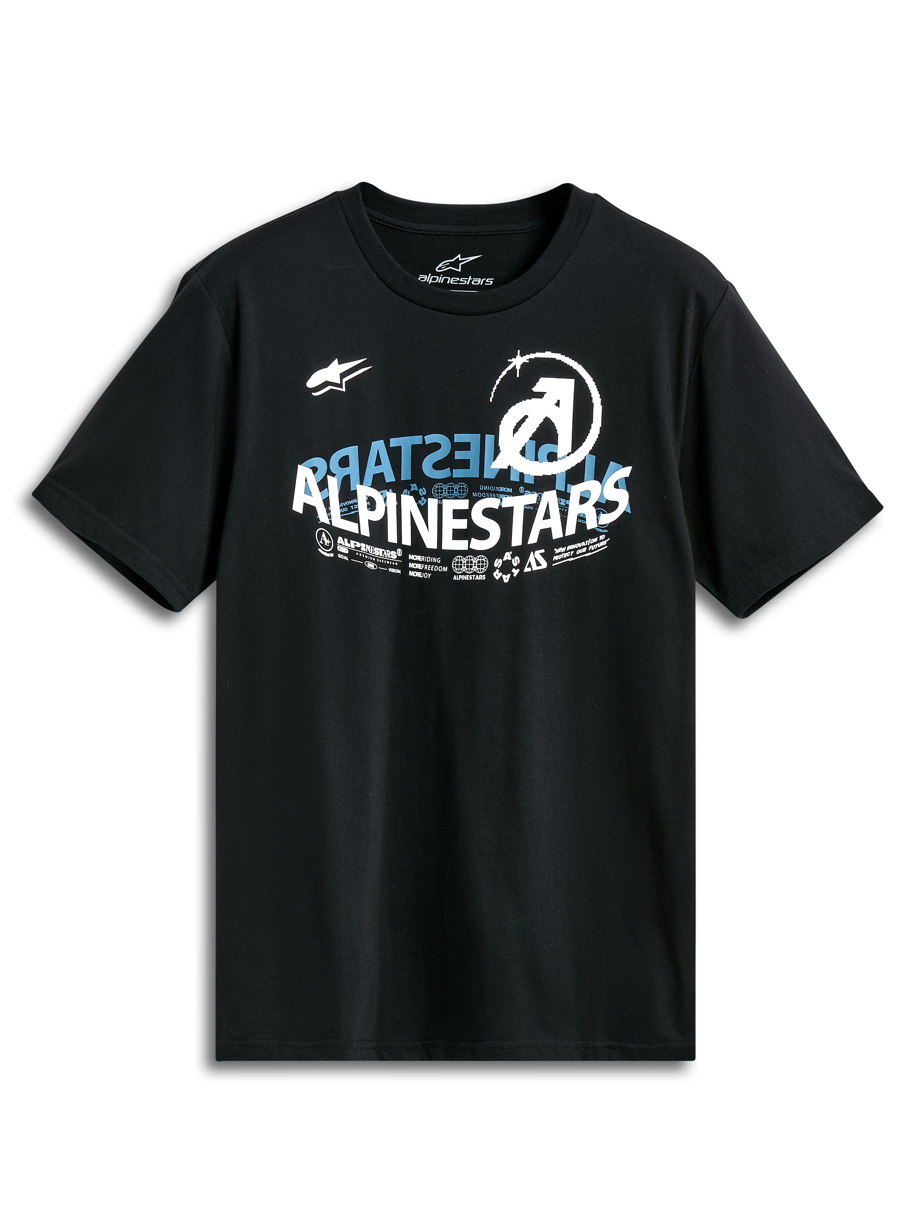 Alpinestars Semicircle Csf Tee, Short Sleeve T-Shirt, Black, front Alpinestars semicircle curved graphic with blue and white accents, casual motorsport-inspired design