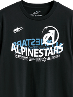 Alpinestars Semicircle CSF Tee, Short Sleeve T-Shirt, Black, featuring a complex curved Alpinestars graphic in white and blue with technical icons and slogans, Casual Motorsport Streetwear