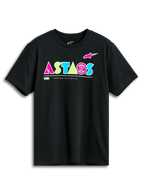 Alpinestars Cereal CSF Tee, koszulka z krótkim rękawem, czarna, wyraziste geometryczne logo ASTARS w kolorze różowym, limonkowym i jasnoniebieskim, casualowa odzież motorsportowa
