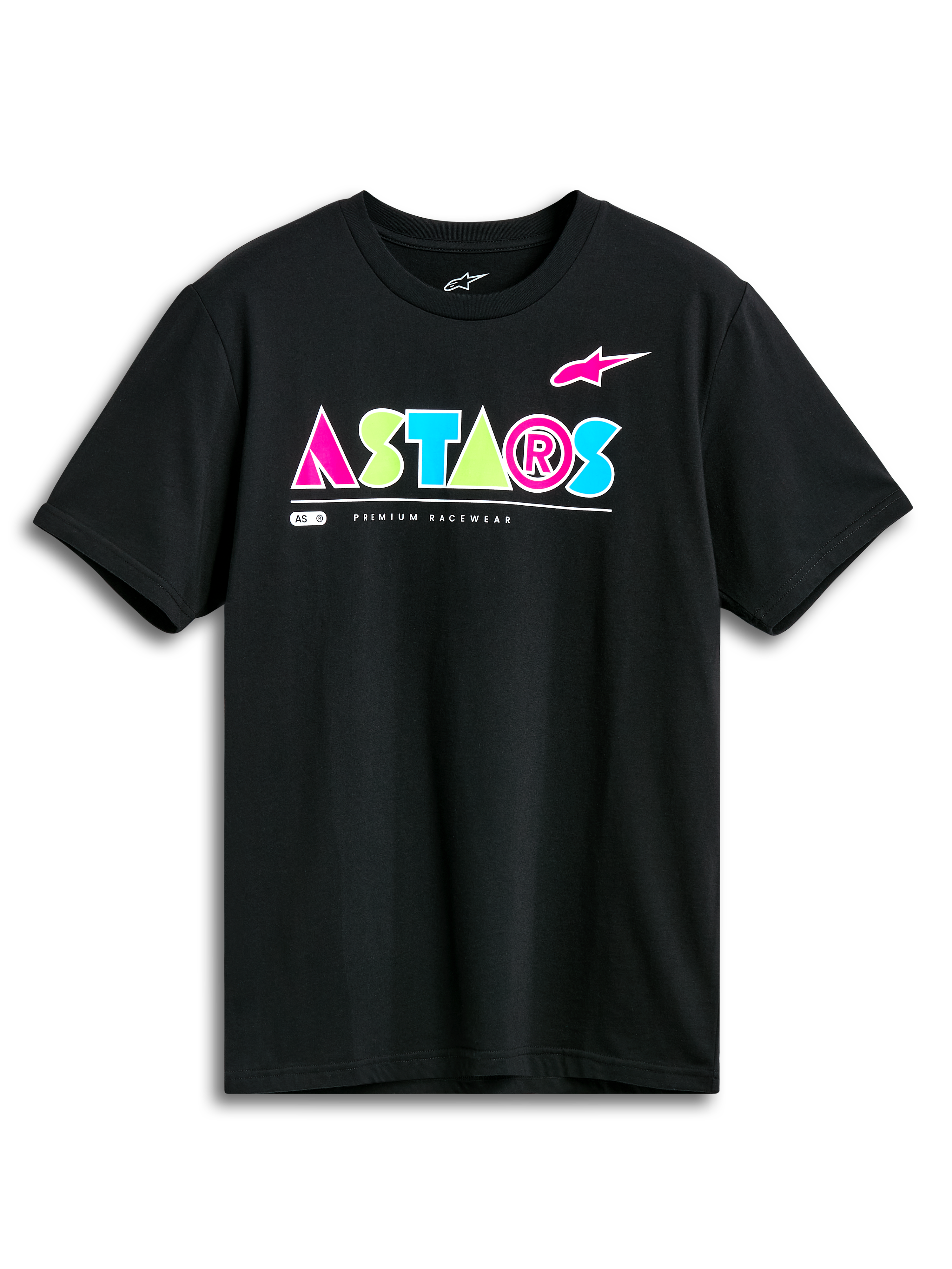 Alpinestars Cereal CSF Tee, koszulka z krótkim rękawem, czarna, wyraziste geometryczne logo ASTARS w kolorze różowym, limonkowym i jasnoniebieskim, casualowa odzież motorsportowa