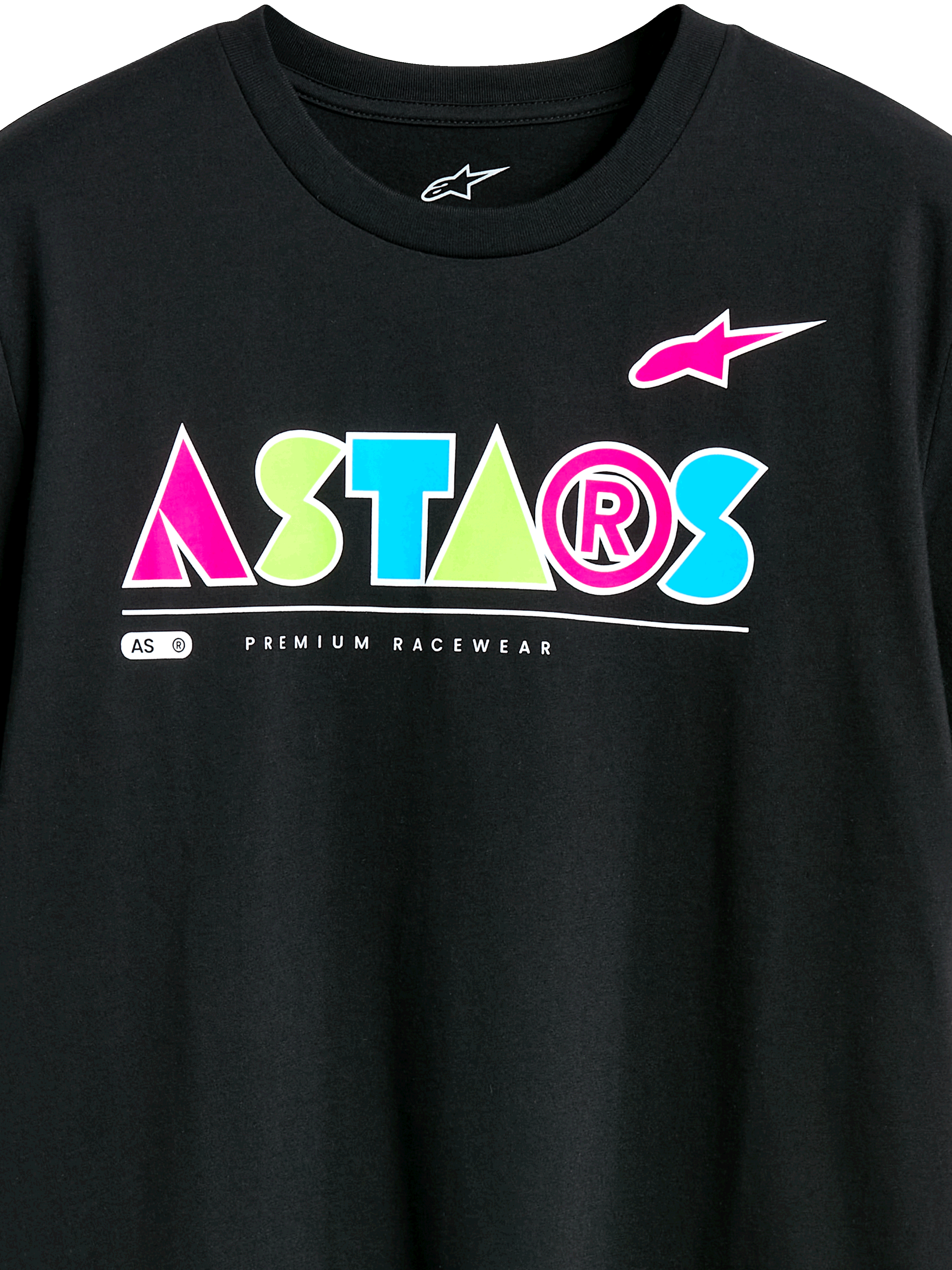 Koszulka Alpinestars Cereal CSF Tee, t-shirt z krótkim rękawem, czarny, kolorowe geometryczne logo ASTARS z różowymi, zielonymi i niebieskimi akcentami, napis Premium Racewear, casualowa odzież motorsportowa