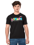 Alpinestars Cereal CSF Tee, czarna koszulka z krótkim rękawem, noszona przez modela, kolorowe geometryczne logo ASTARS z napisem Premium Racewear, casualowy motorsportowy streetwear