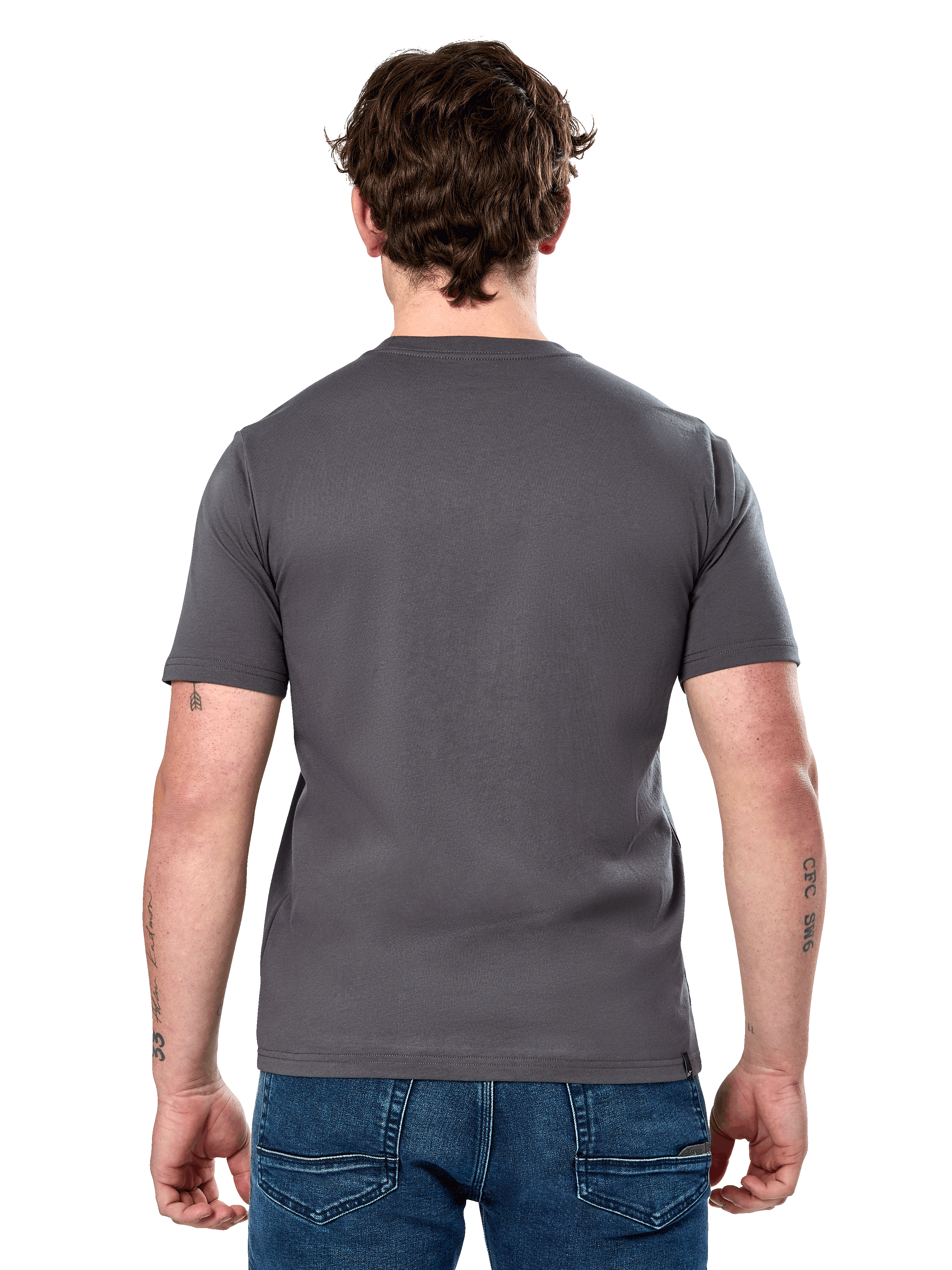 Alpinestars Cereal CSF Tee, koszulka z krótkim rękawem, grafitowa, widok z tyłu, model w niebieskich dżinsach, codzienna odzież uliczna inspirowana motorsportem