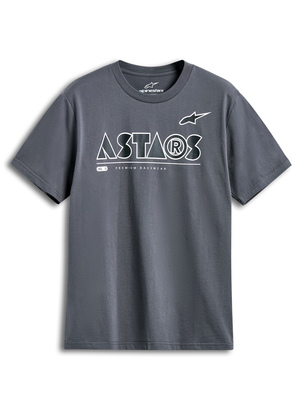 Alpinestars Cereal CSF Tee, koszulka z krótkim rękawem, grafitowa, białe geometryczne logo ASTARS z napisem Premium Racewear, codzienna odzież streetwear w stylu motorsport