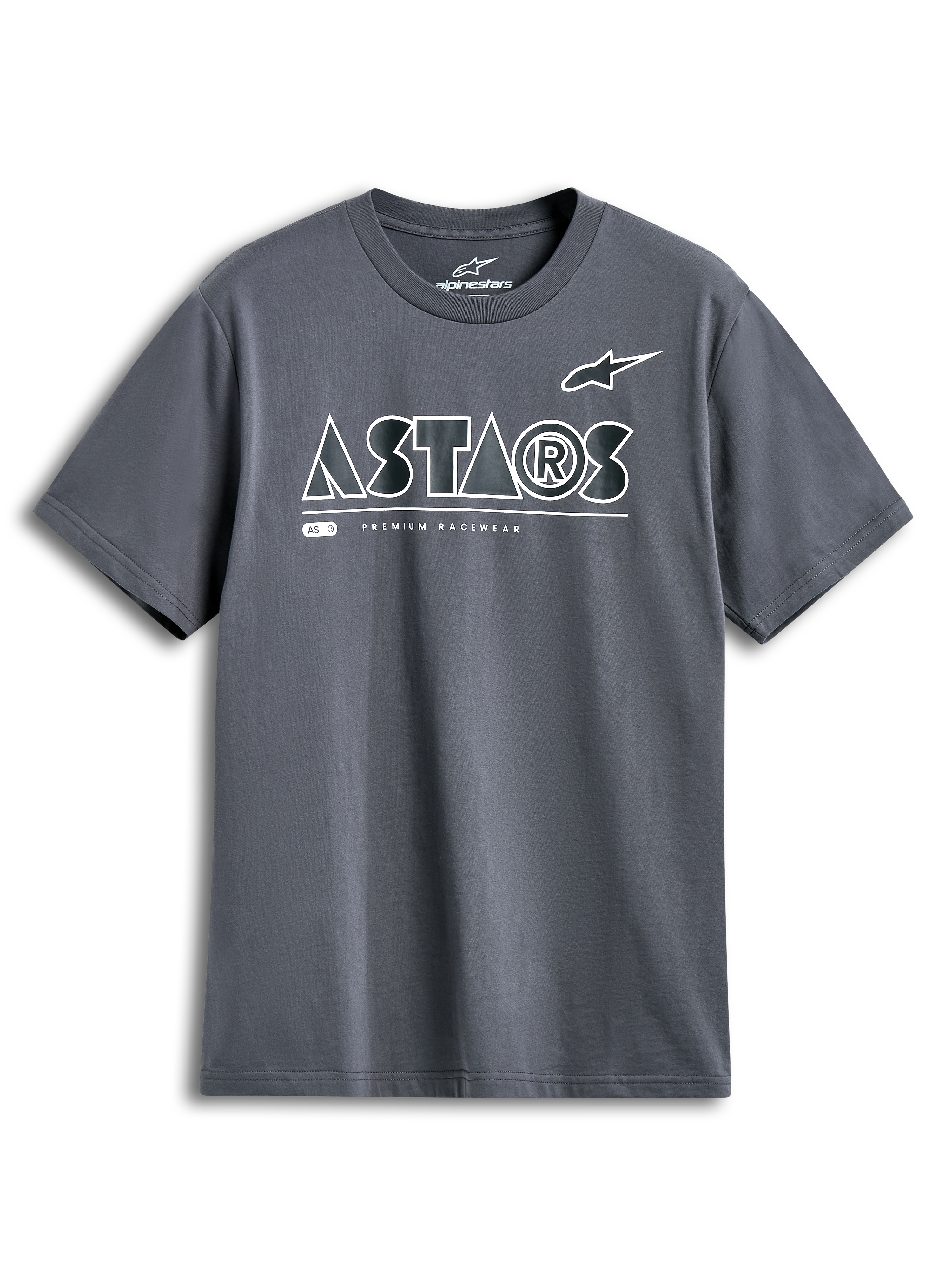 Alpinestars Cereal CSF Tee, koszulka z krótkim rękawem, grafitowa, białe geometryczne logo ASTARS z napisem Premium Racewear, codzienna odzież streetwear w stylu motorsport