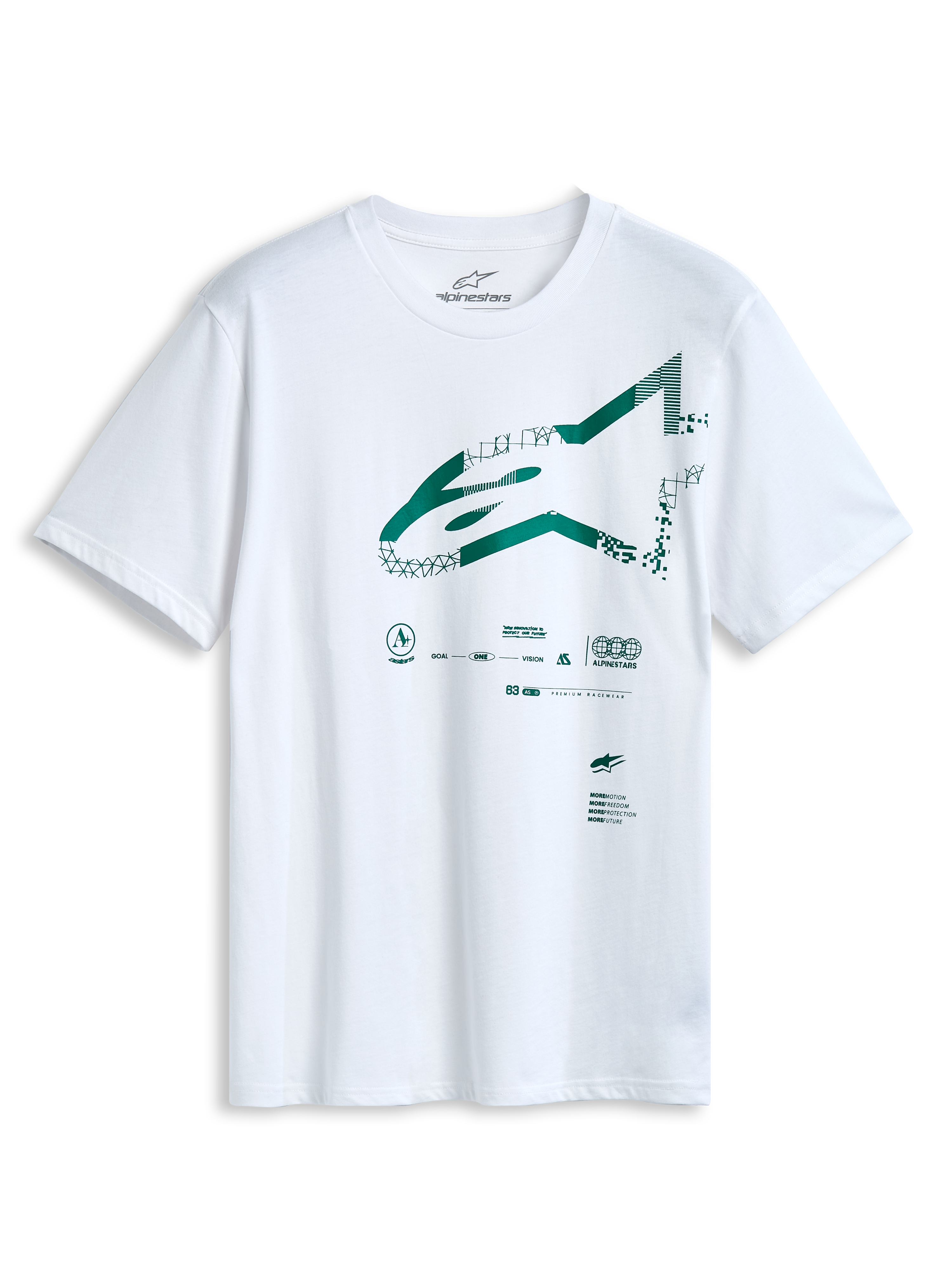Alpinestars Geografica CSF Tee, biała koszulka z krótkim rękawem, zielone logo Astars z przodu z grafiką multi-tech, codzienna odzież sportowa motorsport