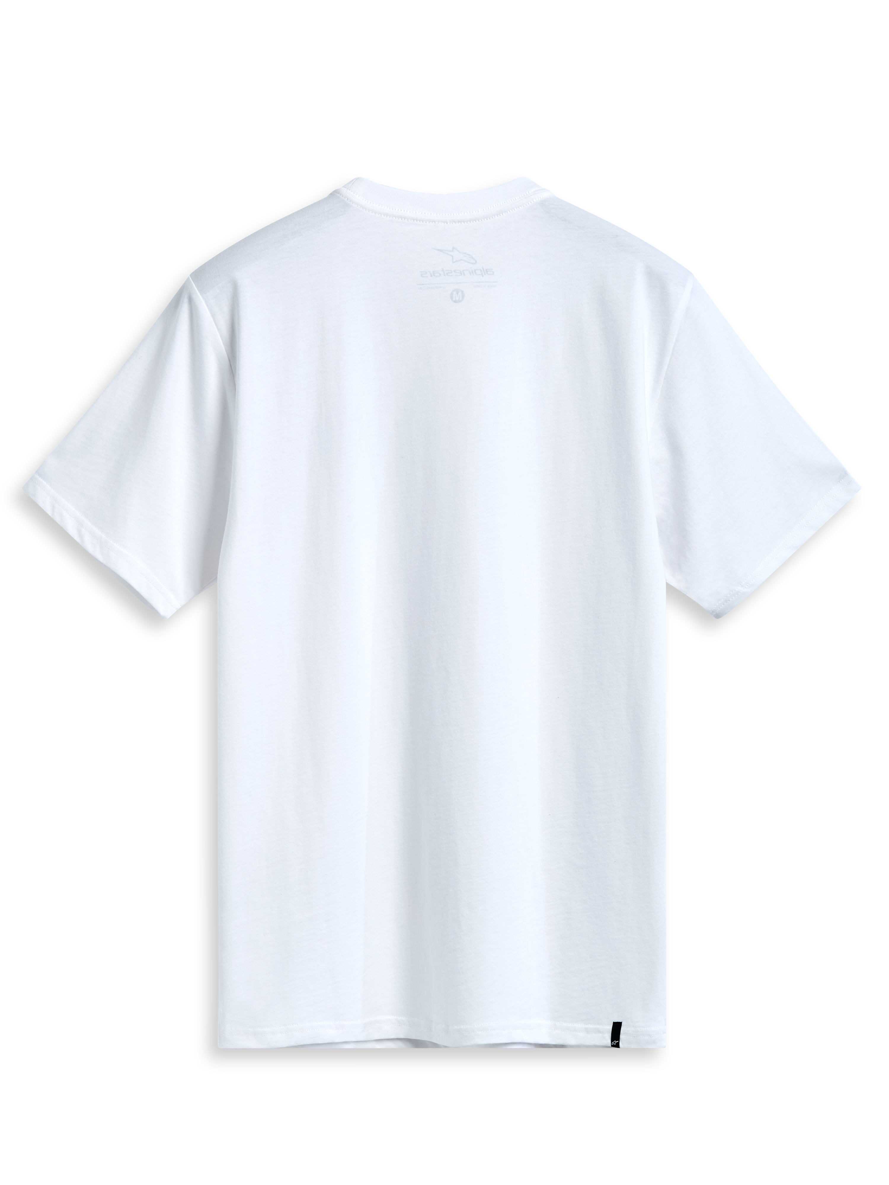 Alpinestars Geografica Csf Tee, biała koszulka z krótkim rękawem, widok z tyłu, minimalistyczny design z małą czarną tkaną metką na dole, casualowy motorsportowy streetwear
