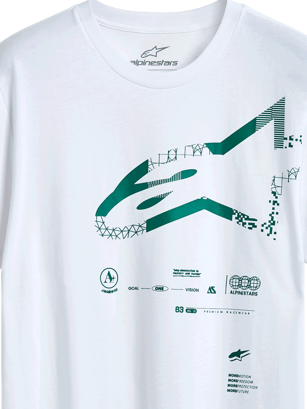 Alpinestars Geografica CSF Tee, koszulka z krótkim rękawem, biała, zielone logo Astars z geometrycznymi i pikselowymi grafikami, casualowy motorsportowy streetwear