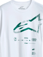 Alpinestars Geografica CSF Tee, koszulka z krótkim rękawem, biała, zielone logo Astars z geometrycznymi i pikselowymi grafikami, casualowy motorsportowy streetwear