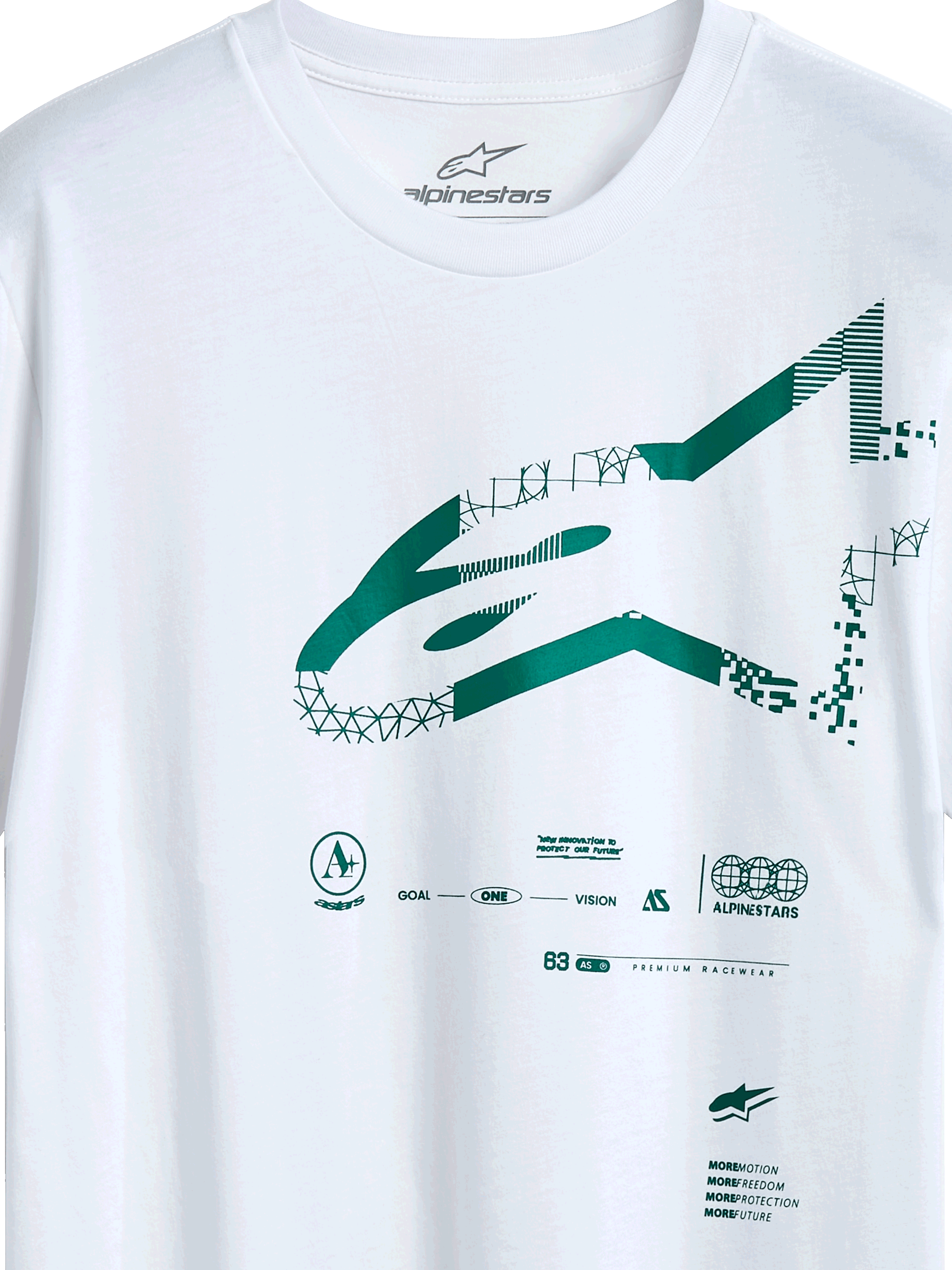 Alpinestars Geografica CSF Tee, koszulka z krótkim rękawem, biała, zielone logo Astars z geometrycznymi i pikselowymi grafikami, casualowy motorsportowy streetwear