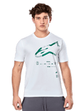 Alpinestars Geografica CSF Tee, biała koszulka z krótkim rękawem z zieloną grafiką Astars Multi-Tech i symbolami technicznymi, casualowa odzież motorsport