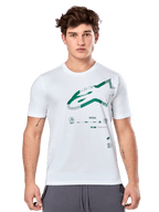 Alpinestars Geografica CSF Tee, biała koszulka z krótkim rękawem z zieloną grafiką Astars Multi-Tech i symbolami technicznymi, casualowa odzież motorsport