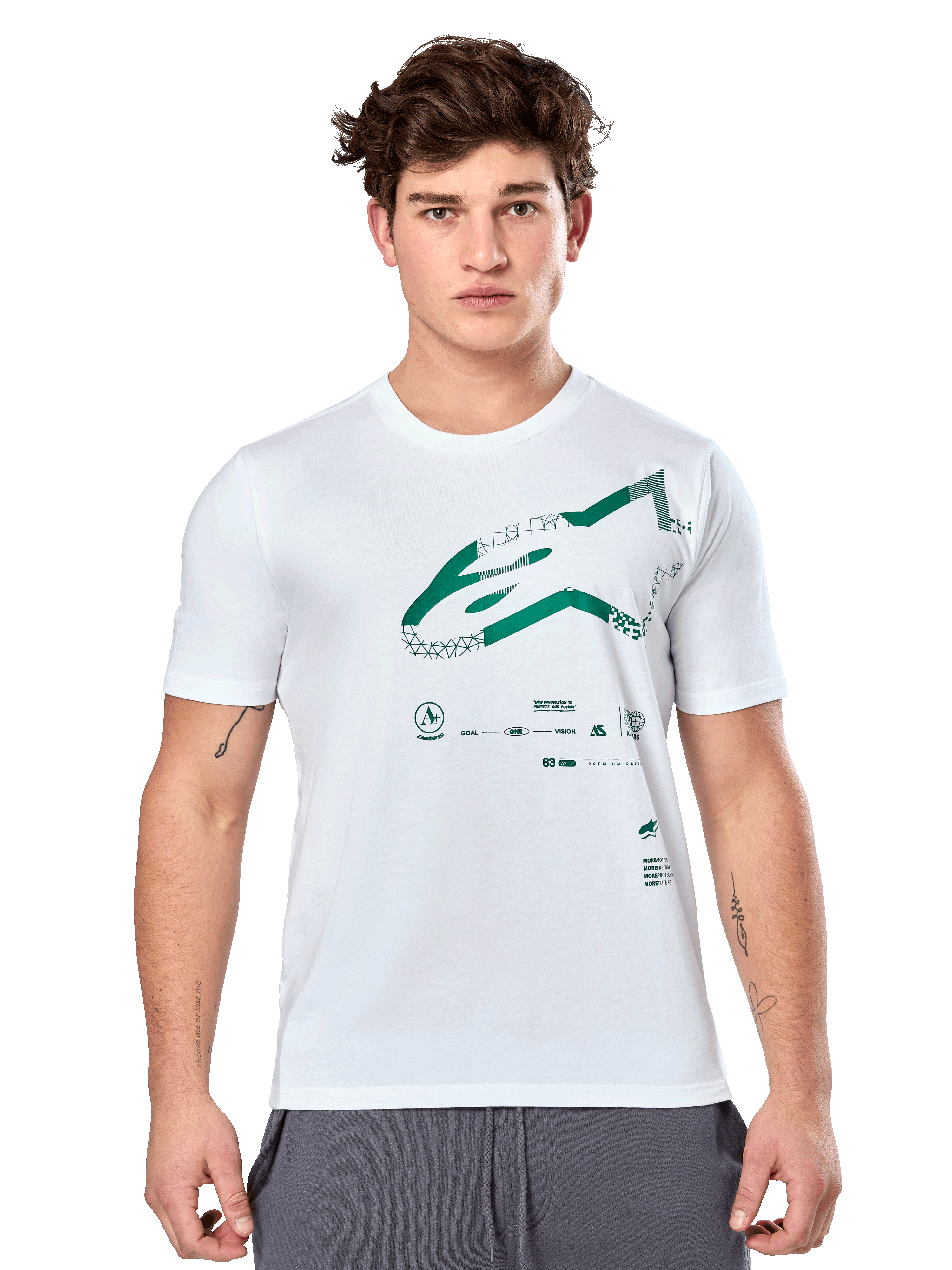 Alpinestars Geografica CSF Tee, biała koszulka z krótkim rękawem z zieloną grafiką Astars Multi-Tech i symbolami technicznymi, casualowa odzież motorsport